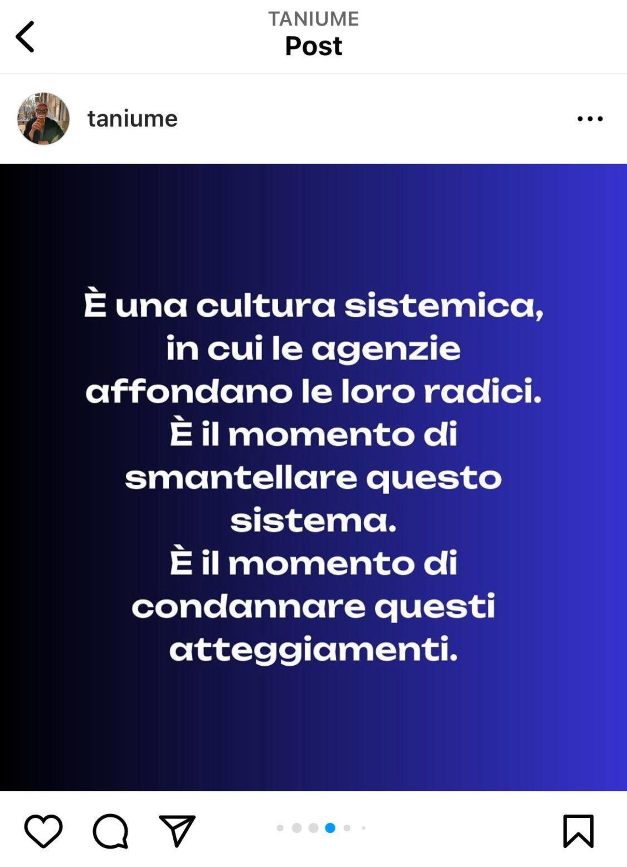 Il post di denuncia delle molestie nelle agenzie pubblicitarie italiane di Tania Taniume sulla sua pagina Instagram