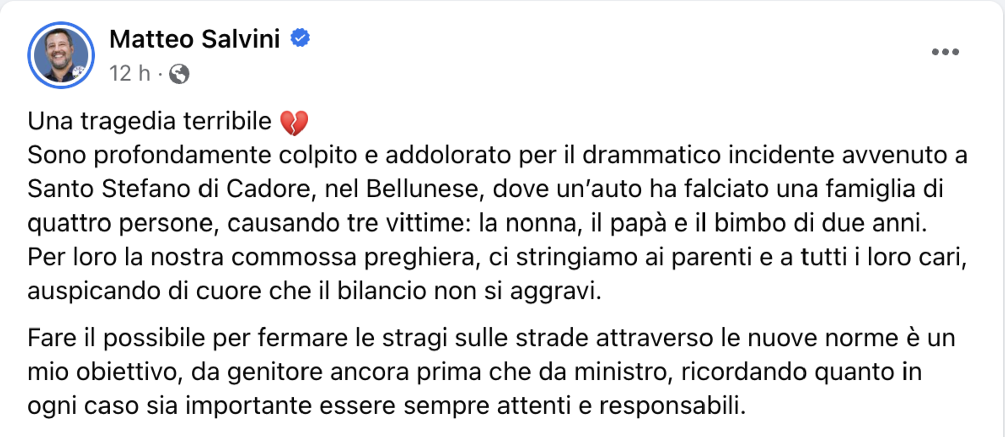 Il post di Matteo Salvini
