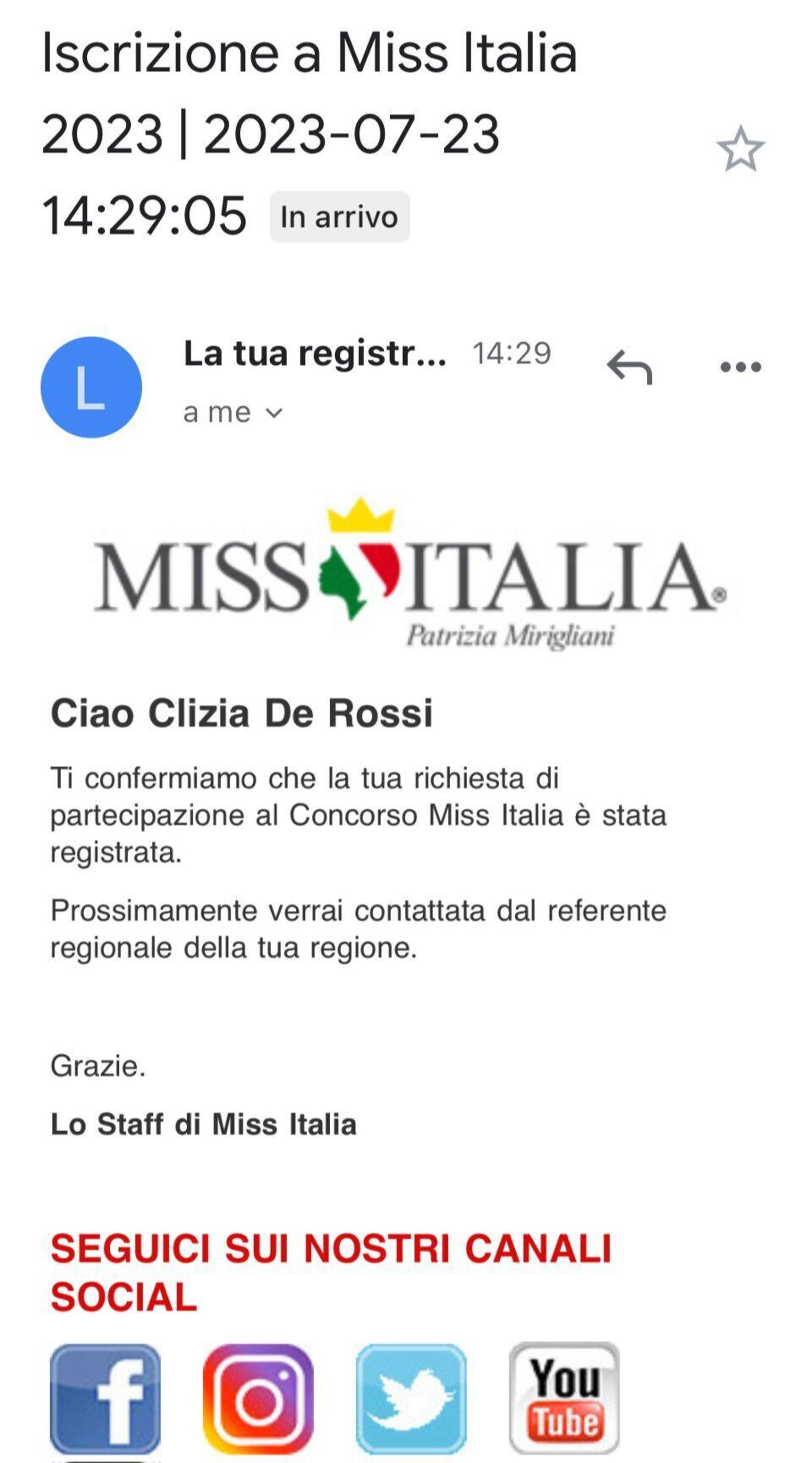Nel frattempo Clizia De Rossi si &egrave; iscritta a Miss Italia