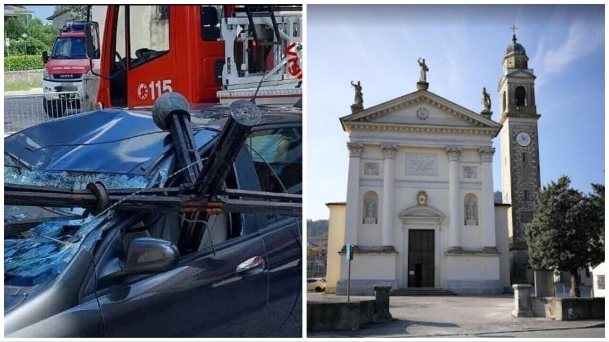L&#039;auto danneggiata e la chiesa da cui &egrave; precipitata la croce