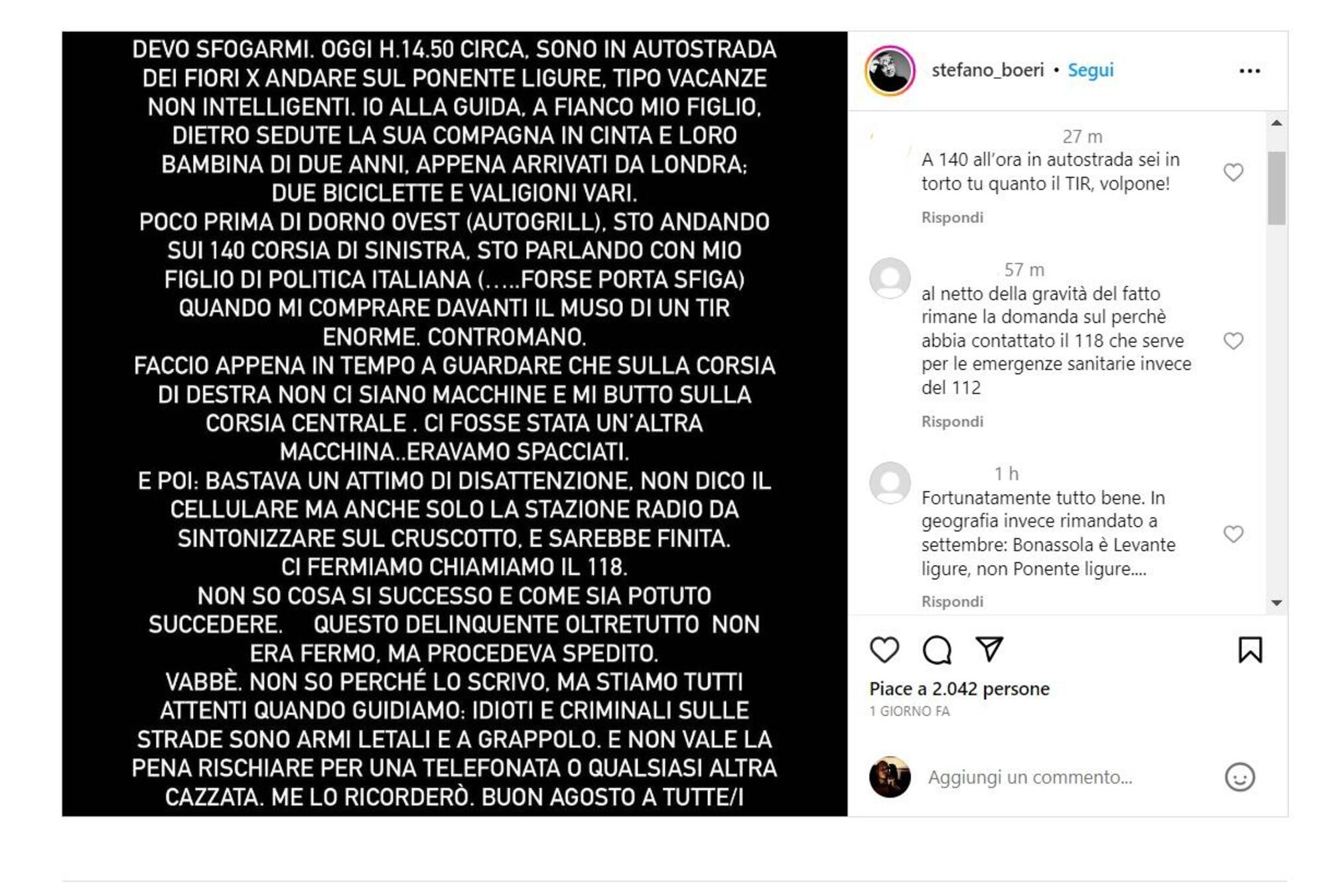 Il post di Boeri su Instagram e alcuni dei commenti critici