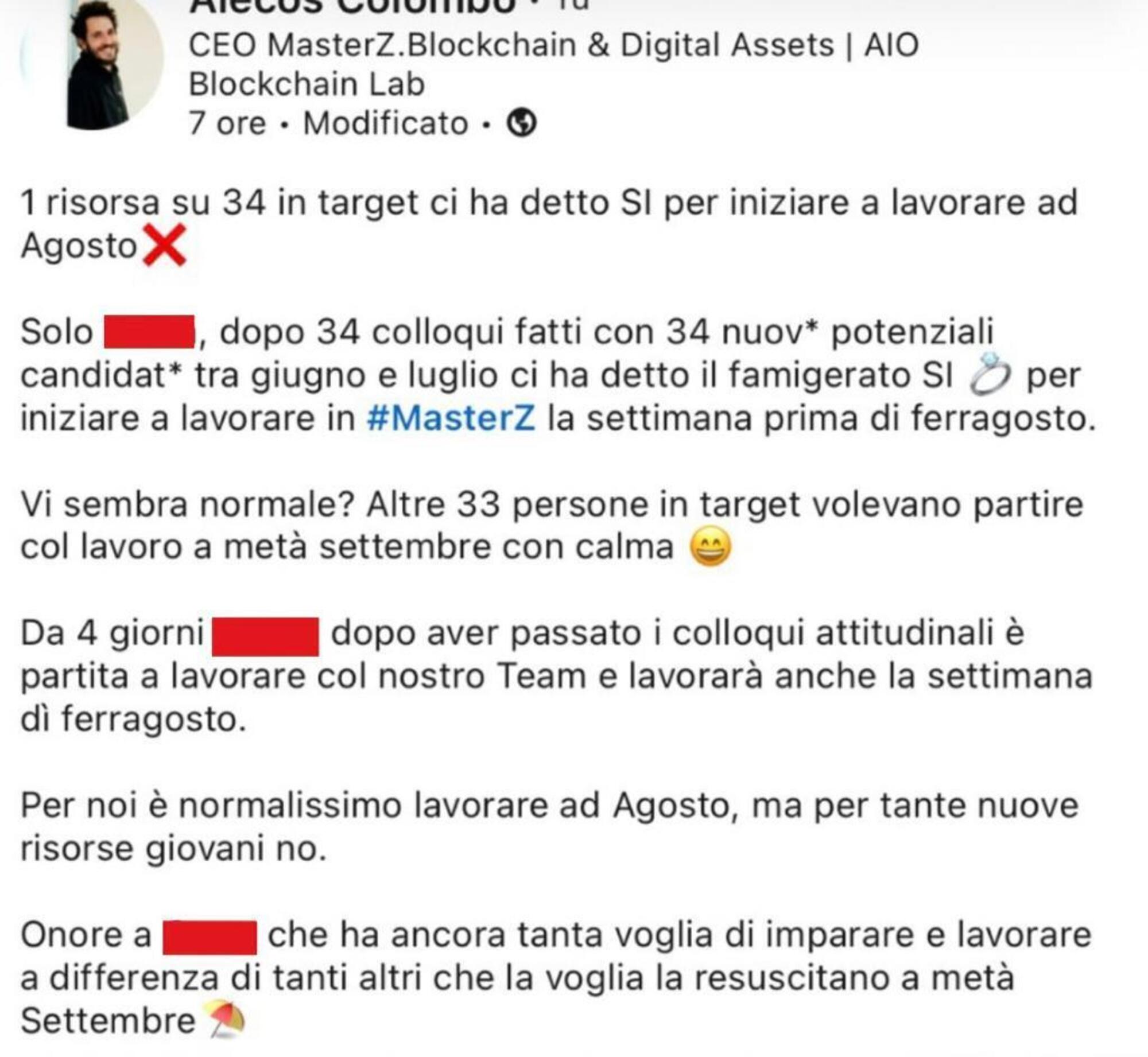 Il post Linkedin di Alecos Colombo 