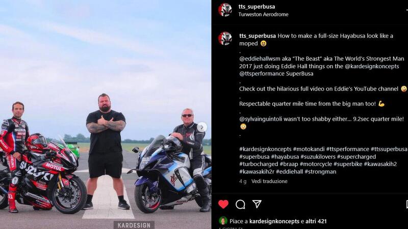 Una Hayabusa turbo da 420 cavalli in mano a Eddie Hall &quot;The Beast&quot; in una drag race: cosa pu&ograve; andare storto?