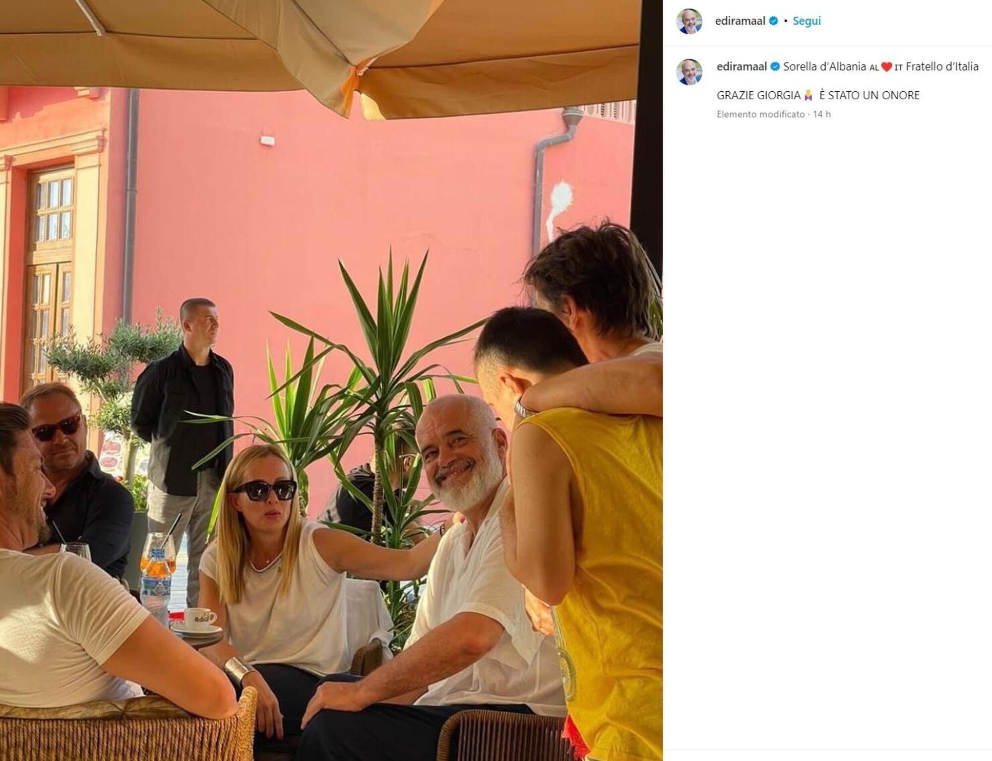Il post di Rama con Meloni su Instagram: &quot;Sorella d&rsquo;Albania, Fratello d&rsquo;Italia. GRAZIE GIORGIA, &Egrave; STATO UN ONORE&quot;