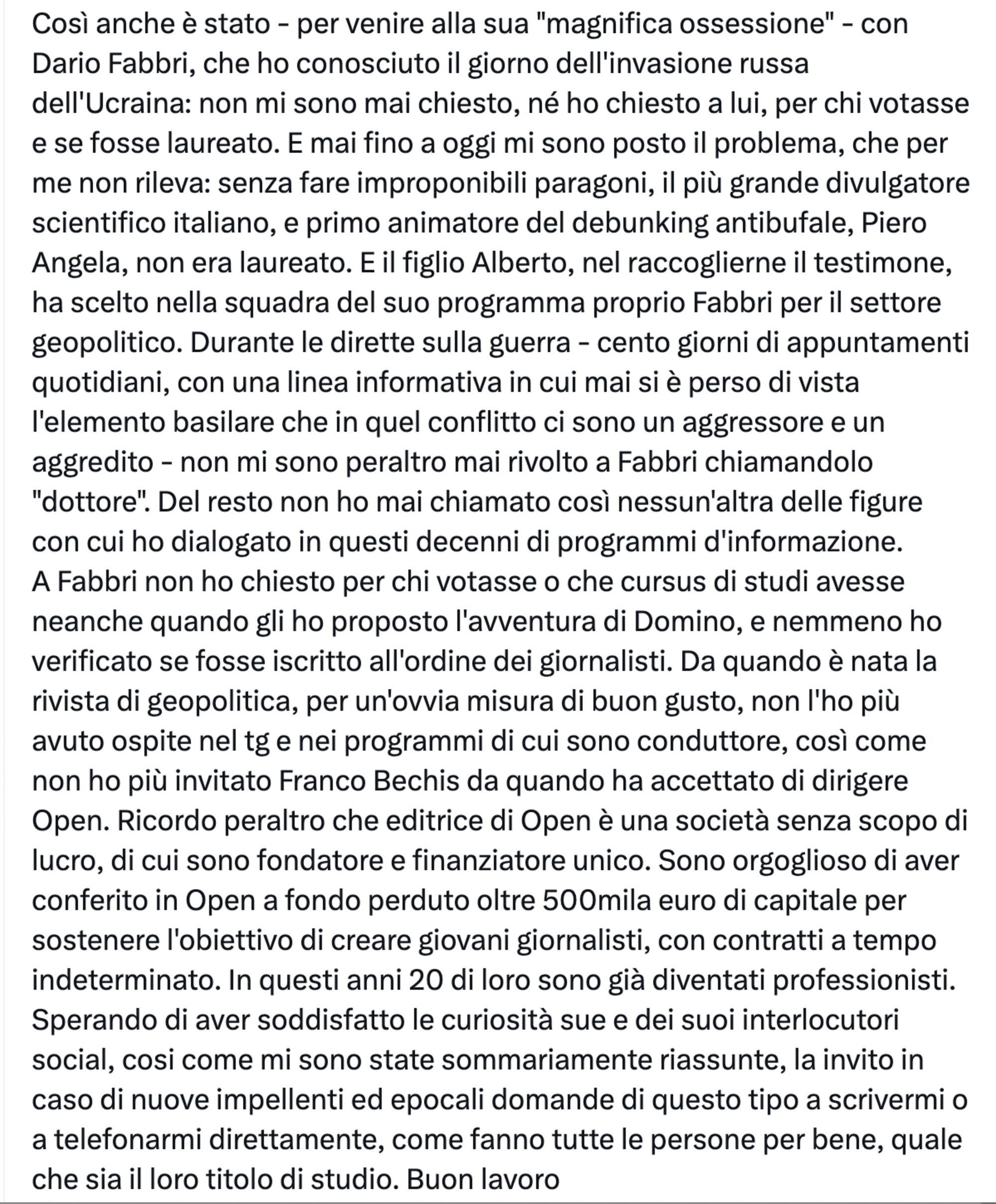 Il tweet di Riccardo Puglisi con la lettera di Mentana
