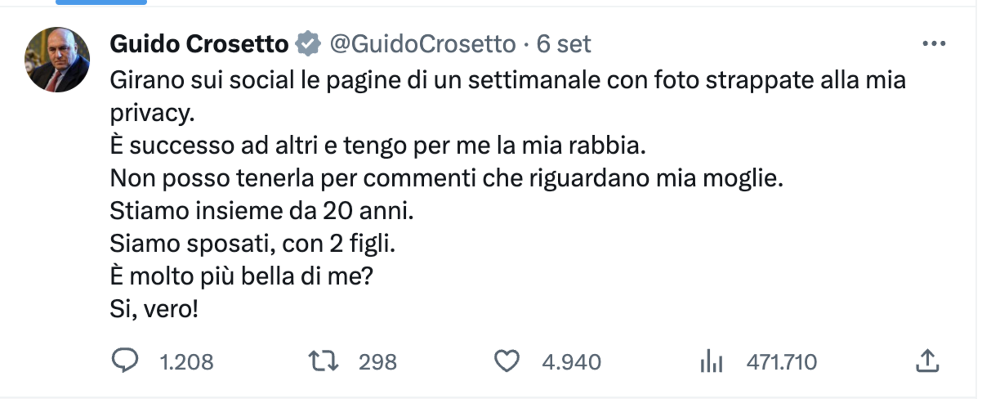 Il tweet reale di Crosetto