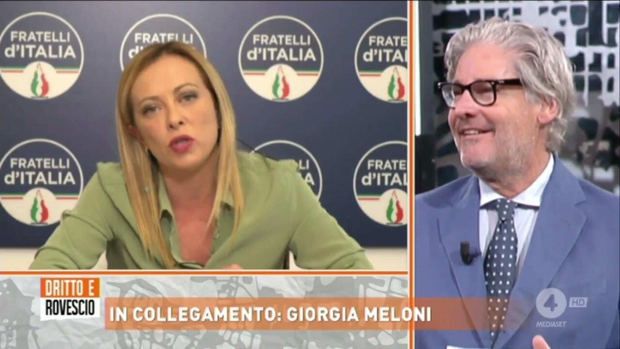 Giorgia Meloni in collegamento con Paolo Del Debbio a Dritto e rovescio