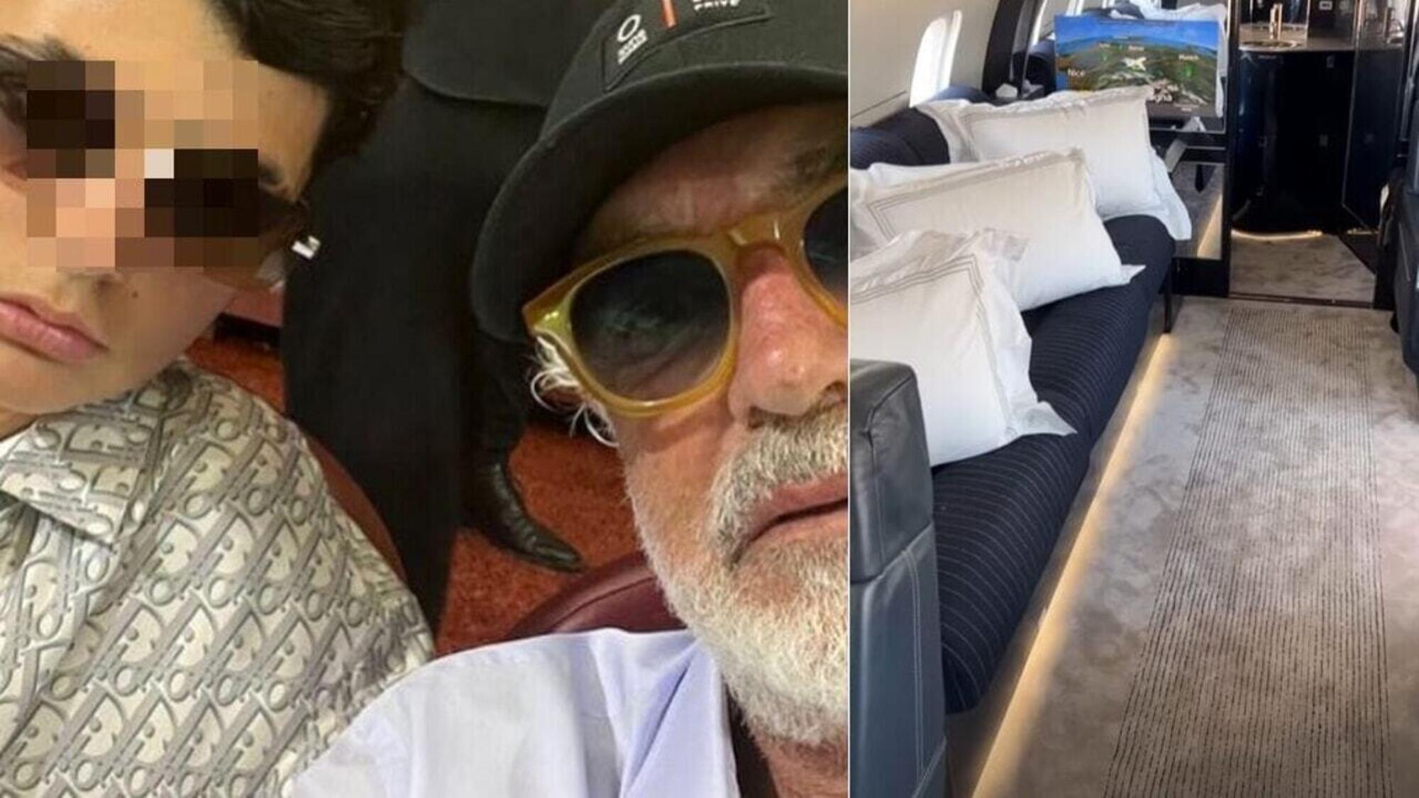Flavio Briatore con il figlio e gli interni del jet privato