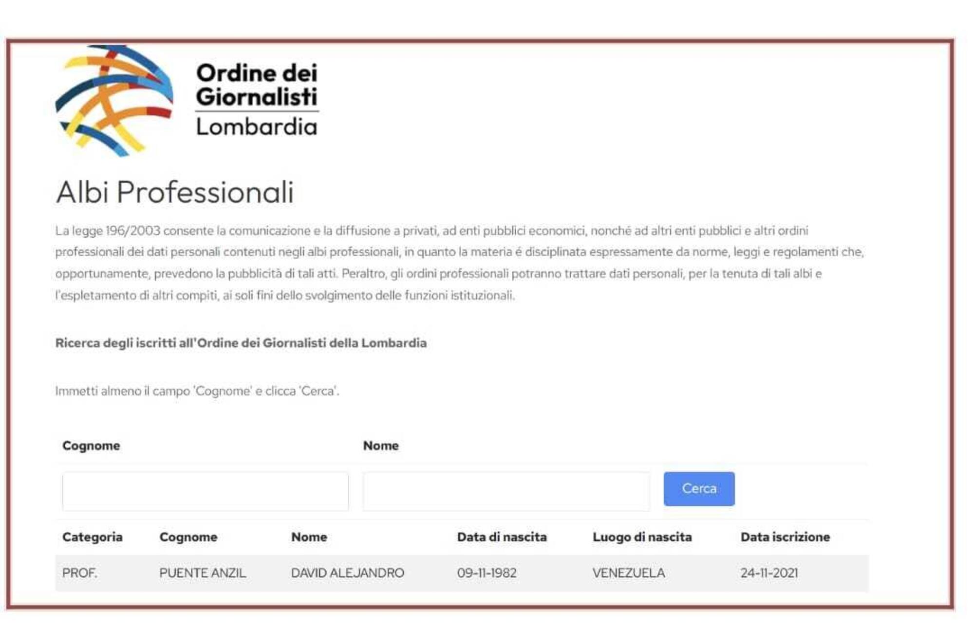 L&#039;Ordine dei giornalisti della Lombardia dove David Puente compare
