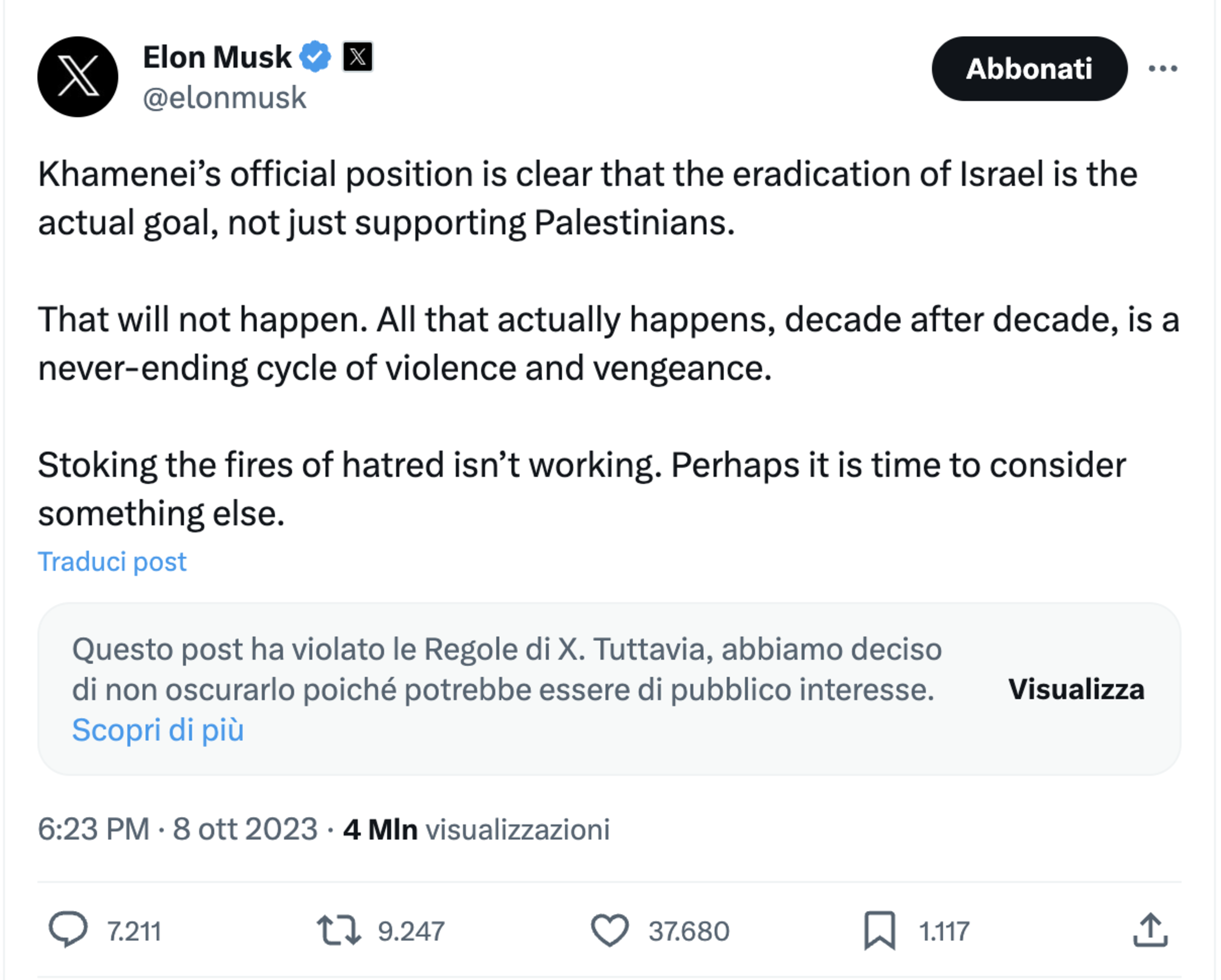 Il tweet di Elon Musk