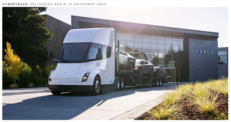 Il Tesla Semi che trasporta i primi Cybertruck