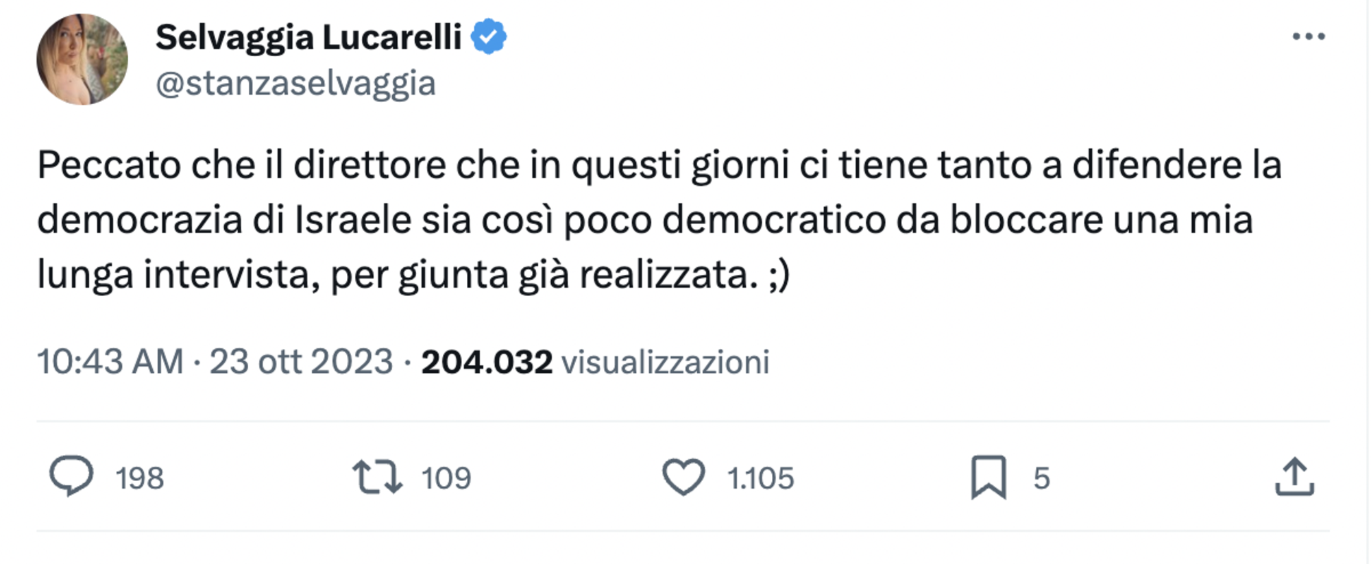 Il tweet di Selvaggia Lucarelli sull&#039;intervista sospesa