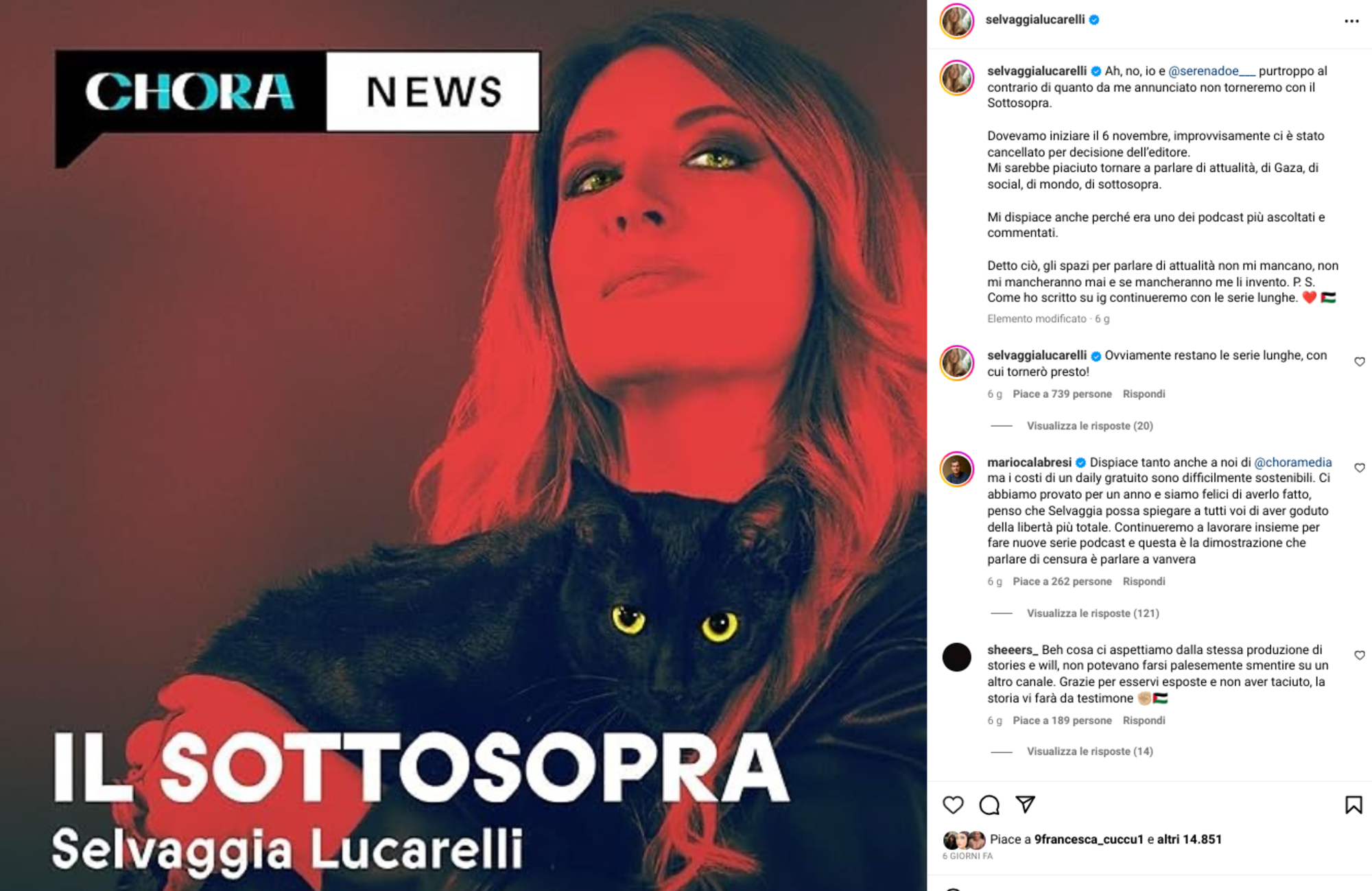 Selvaggia Lucarelli annuncia che Il Sottosopra non &egrave; stato riconfermato da Chora Media