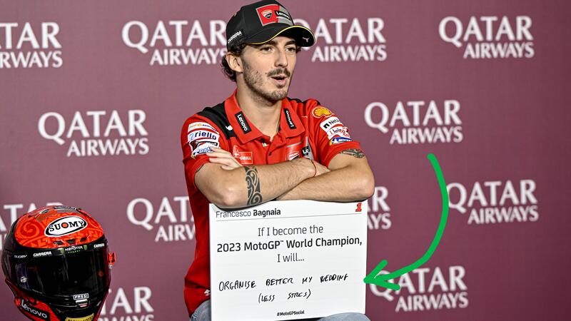 MotoGP 2023. GP del Qatar. Pecco Bagnaia: &quot;Se vinco il mondiale? Organizzer&ograve; meglio il mio matrimonio&quot;. Intanto c&#039;&egrave; la data