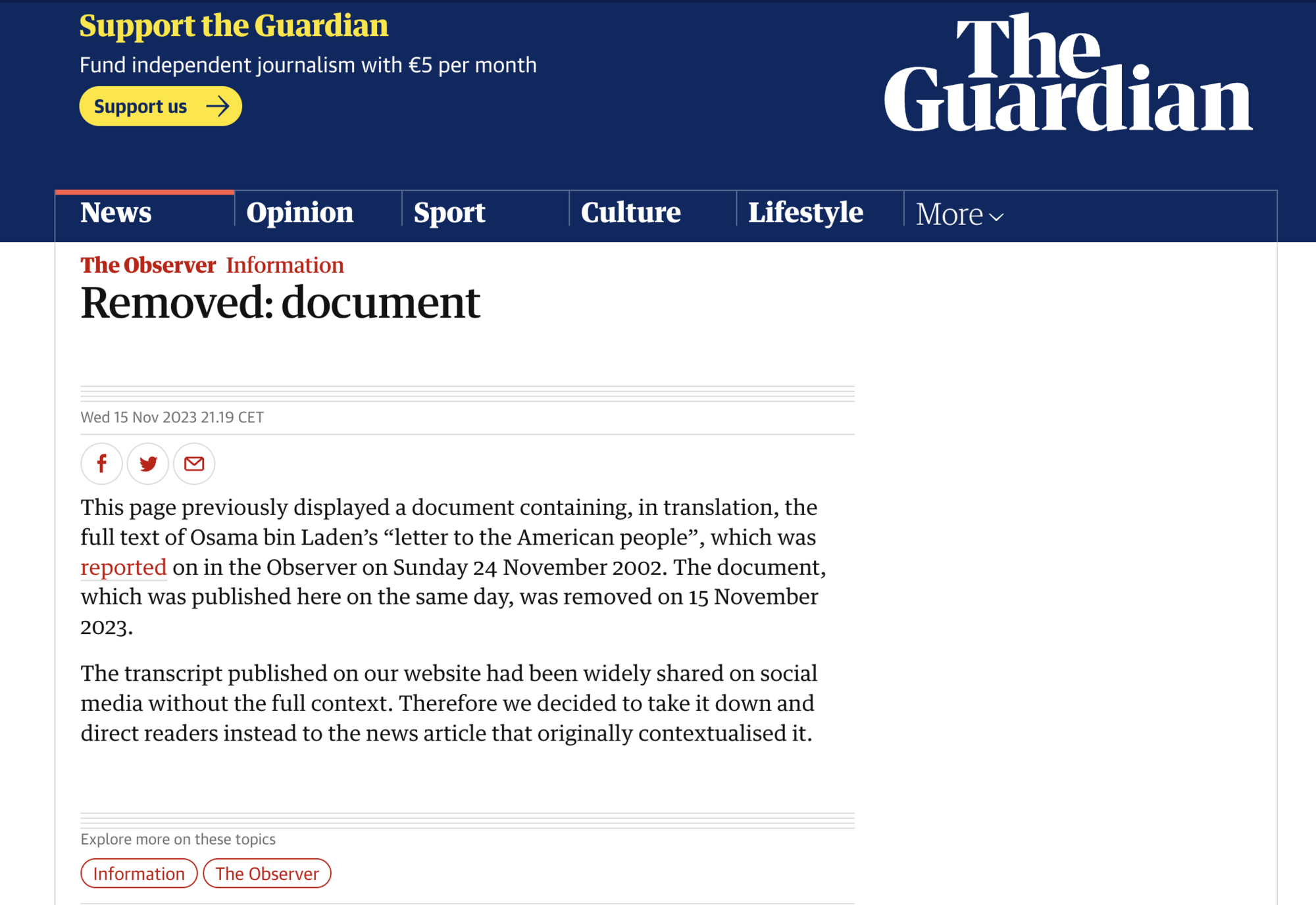  La pagina rimossa del The Guardian