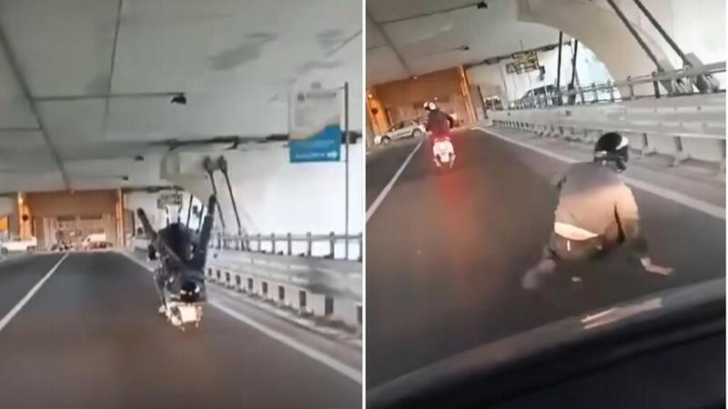 Imperia, cade dallo scooter dell&#039;amico rimanendo in mezzo alla strada. Poteva finire male [VIDEO]