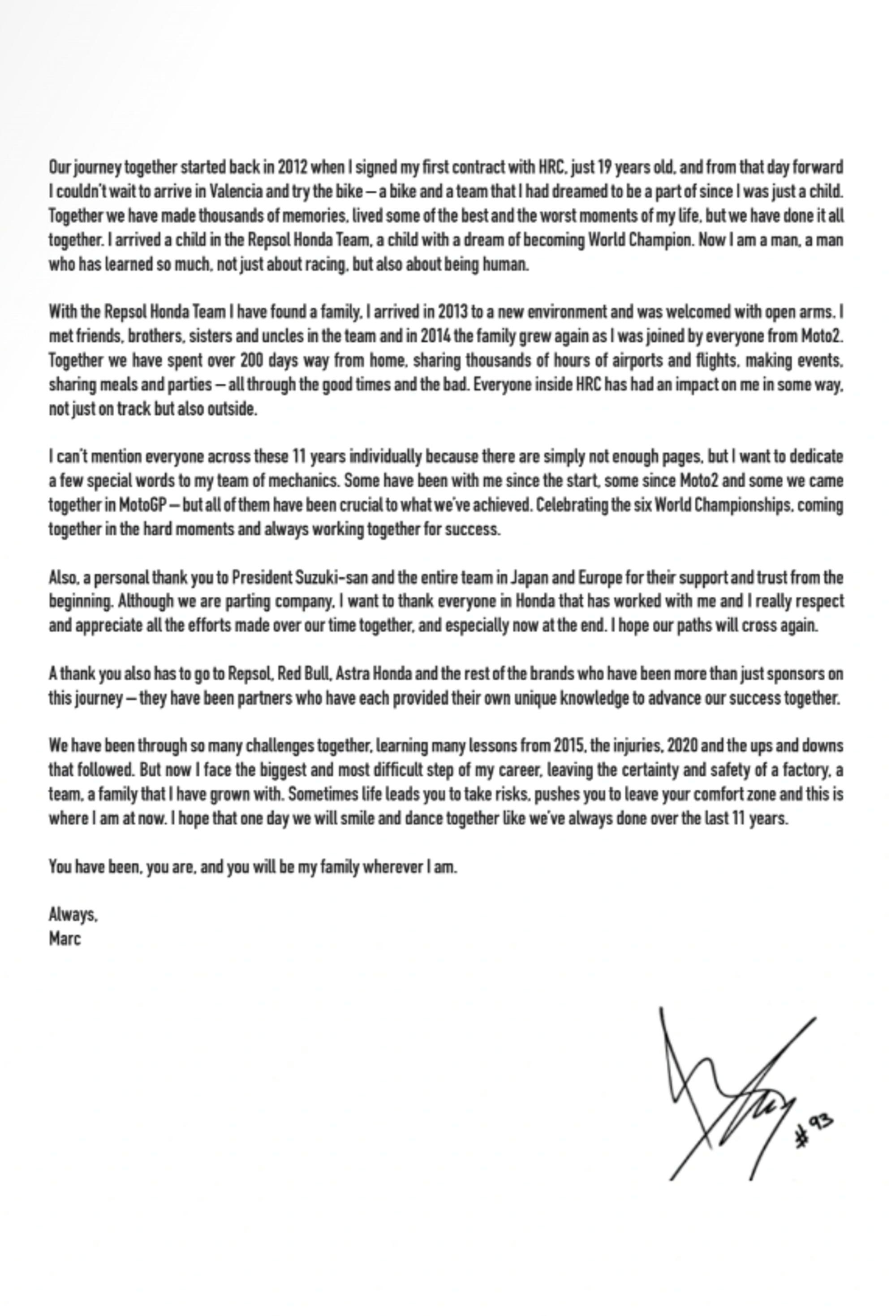 La Lettera di Marc Marquez per Honda HRC