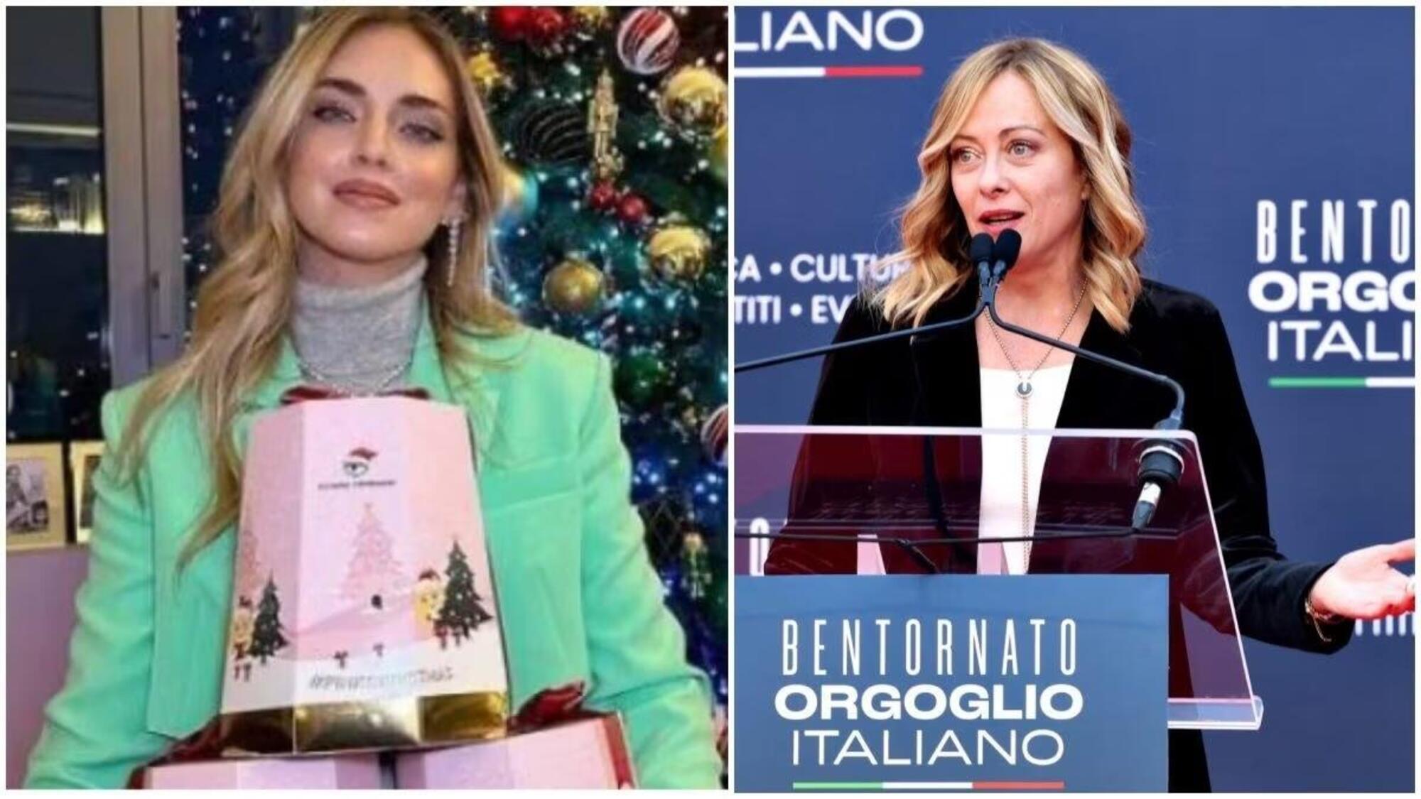 Chiara Ferragni col pandoro contestato e Giorgia Meloni che ha attaccato gli influencer dal palco di Atreju