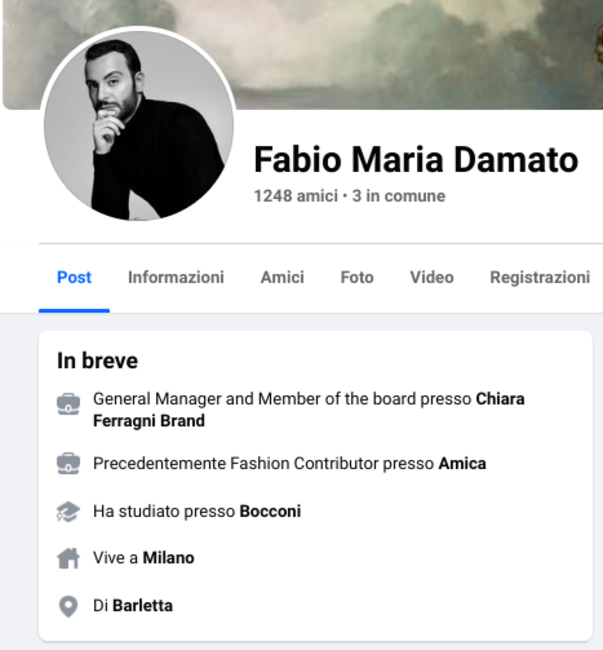 La pagina Facebook di Fabio Maria Damato dove riporta gli studi alla Bocconi