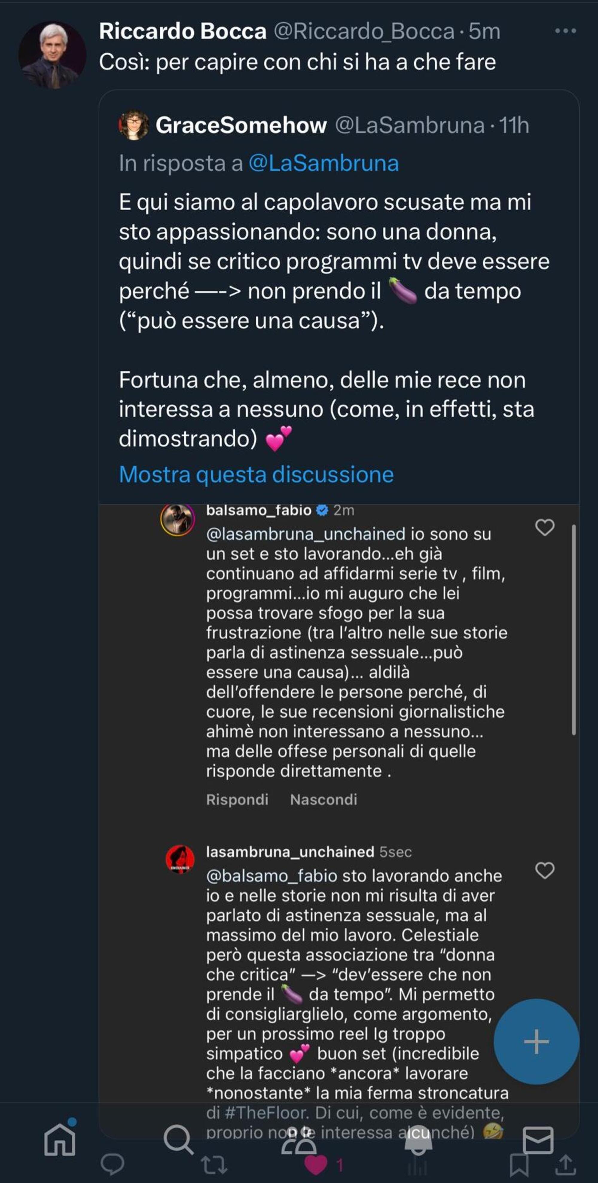 Il commento di Fabio Balsamo a Grazia Sambruna ripreso dal critico televisivo Riccardo Bocca