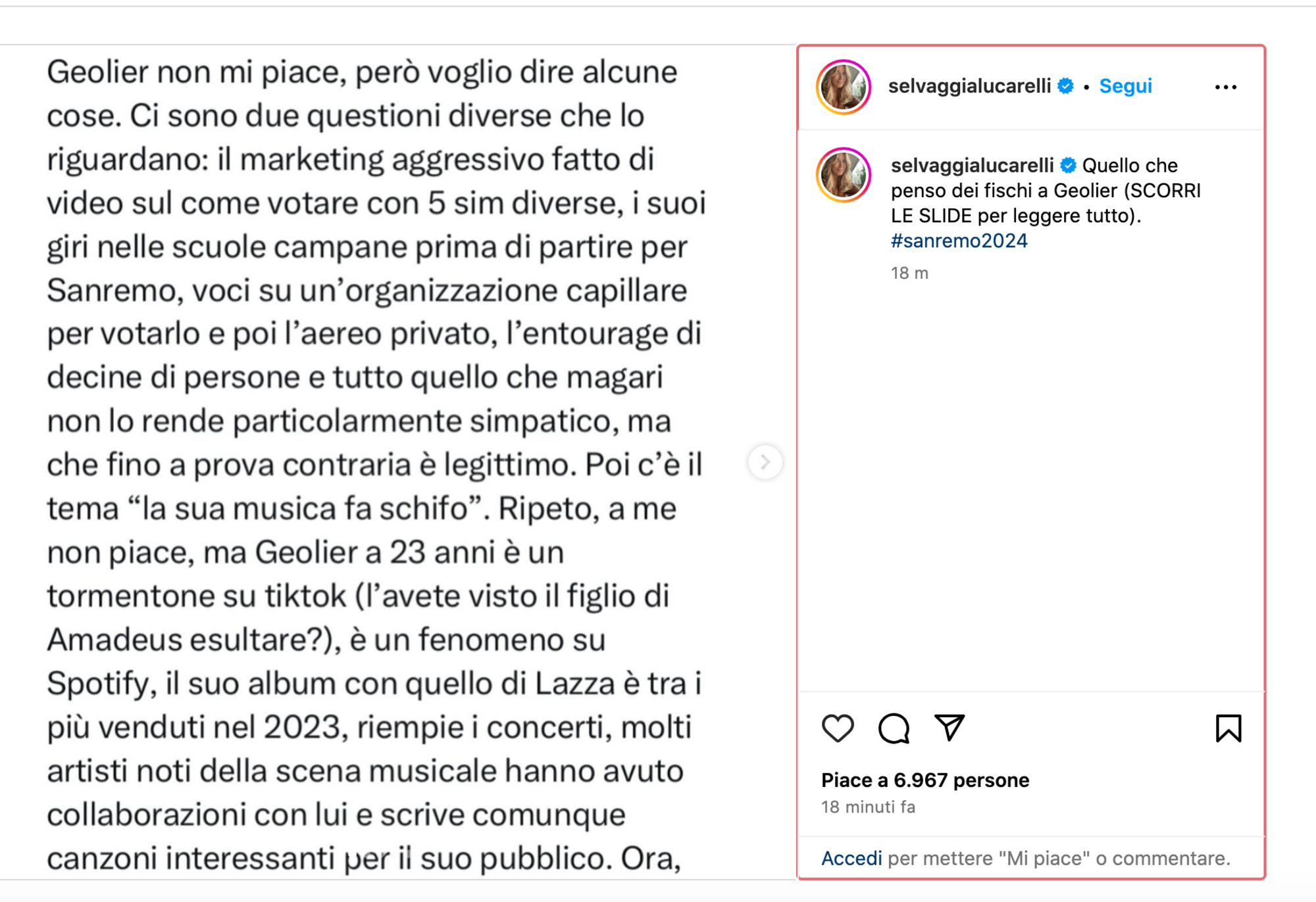 Il post Instagram di Selvaggia Lucarelli