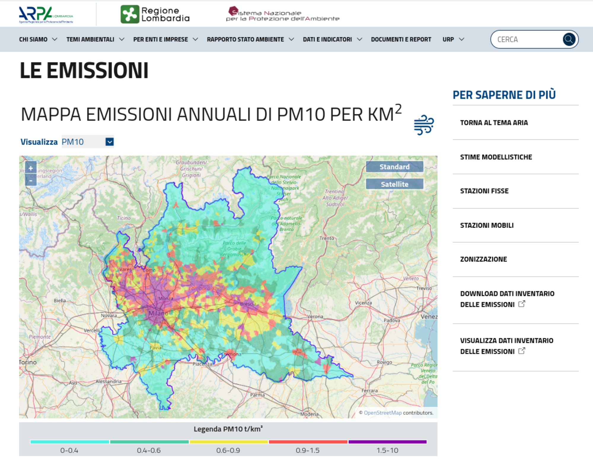 La mappa delle emissioni del sito dell&#039;Arpa Lombardia 