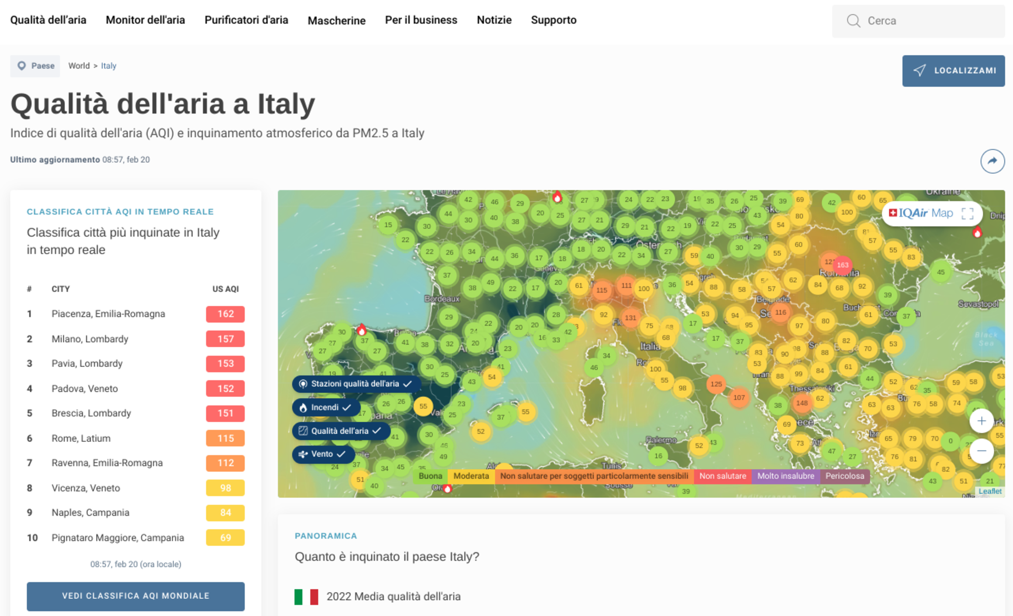 Piacenza in testa alla classifica delle citt&agrave; pi&ugrave; inquinate d&#039;Italia per il sito IqAir
