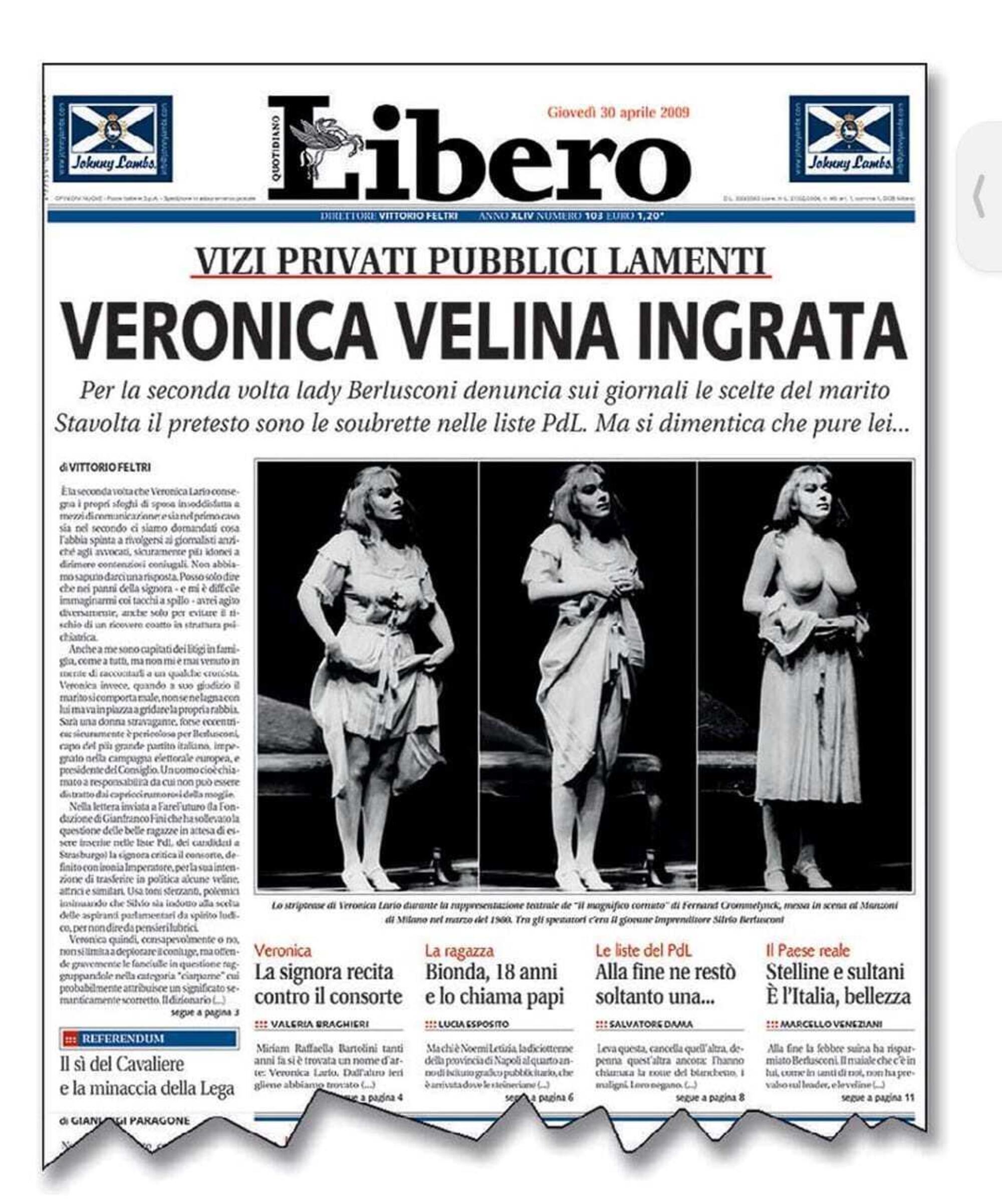 La prima pagina di Libero del 30 aprile 2009 contro Veronica Lario