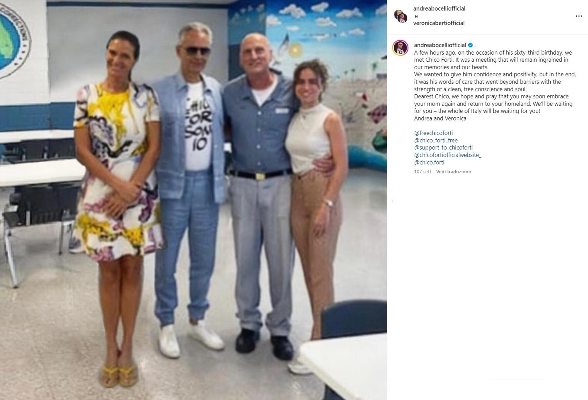 Un post Instagram del 2022 di Andrea Bocelli su Chico Forti