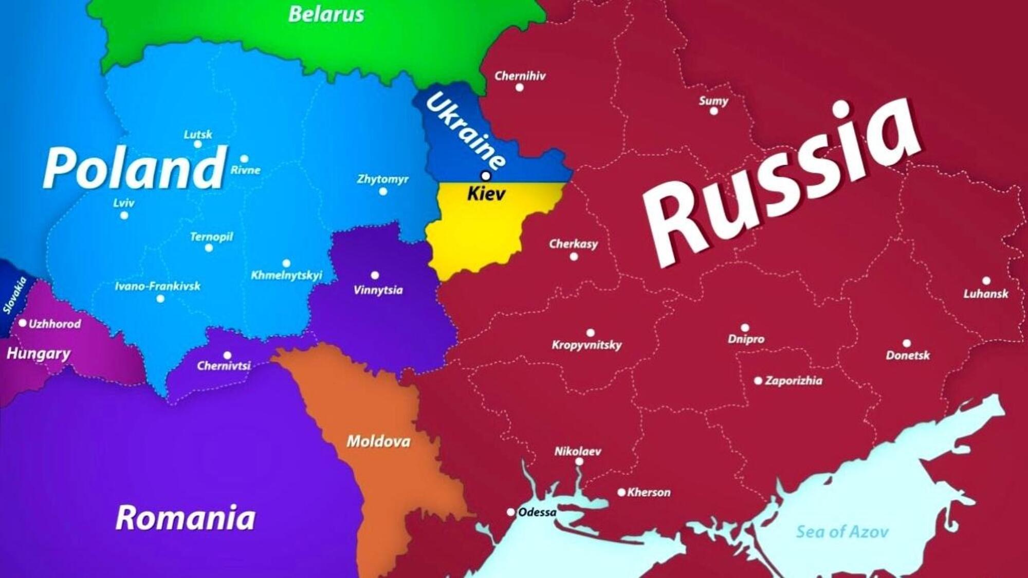 La bizzarra e assurda mappa mostrata alcune settimane fa sulla televisione russa dal politico Dmitri Medvedev che vede il territorio ucraino cancellato e ripartito in gran parte alla Russia
