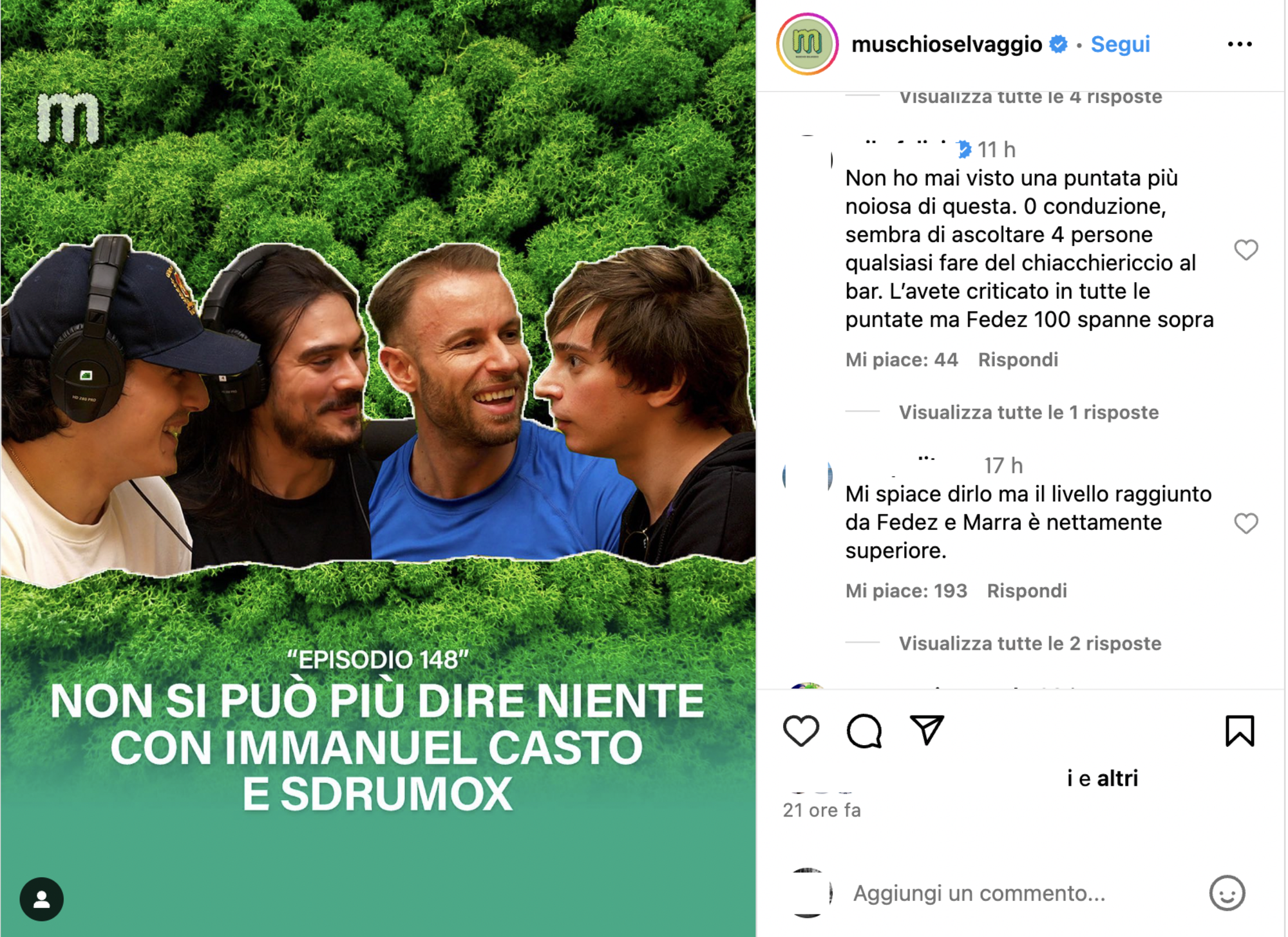 Il post su Instagram di Muschio Selvaggio