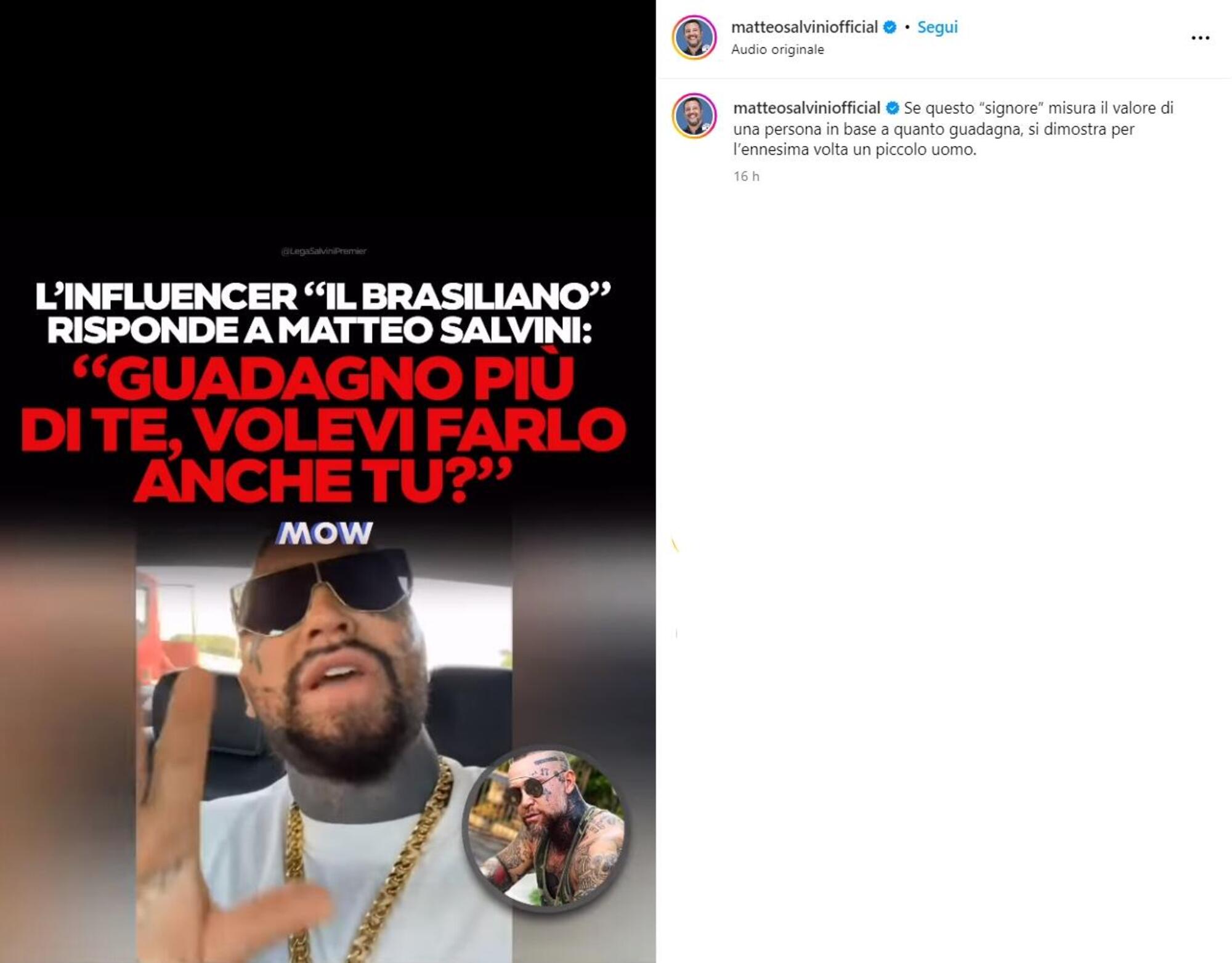 Il post di Matteo Salvini (riprendendo MOW) in risposta alla risposta del Brasiliano