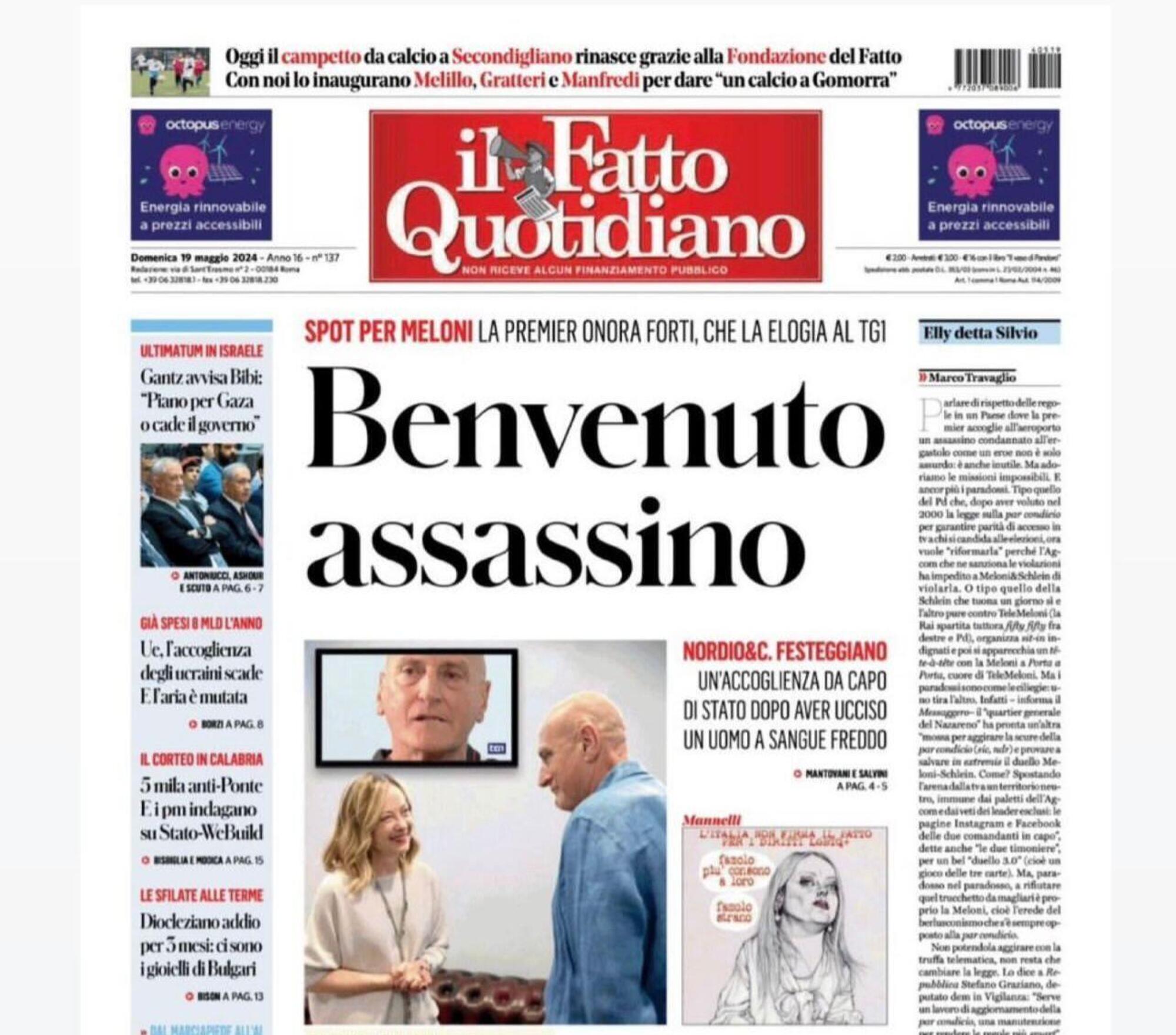 La prima pagina del Fatto Quotidiano dopo il ritorno in Italia di Chico Forti