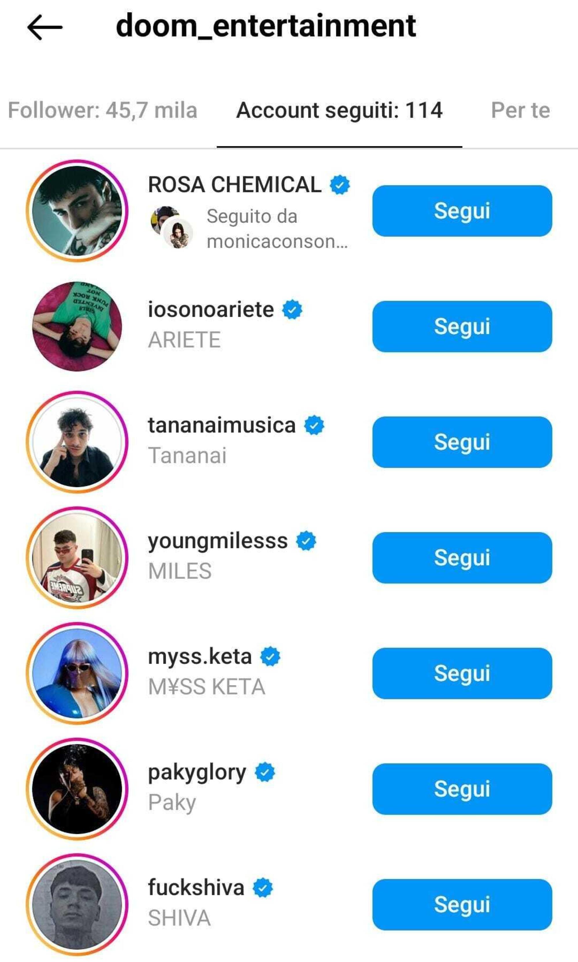 Alcuni degli artisti seguiti su Instagram dalla DOOM Entertainment, dove per&ograve; non appare pi&ugrave; Achille Lauro