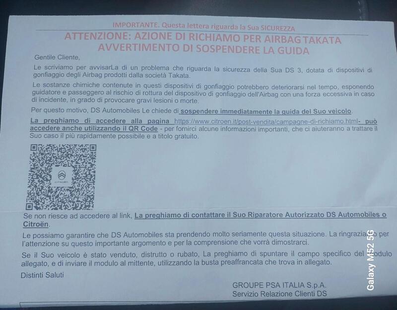 Una copia della lettera di richiamo della Citroen C3/DS3