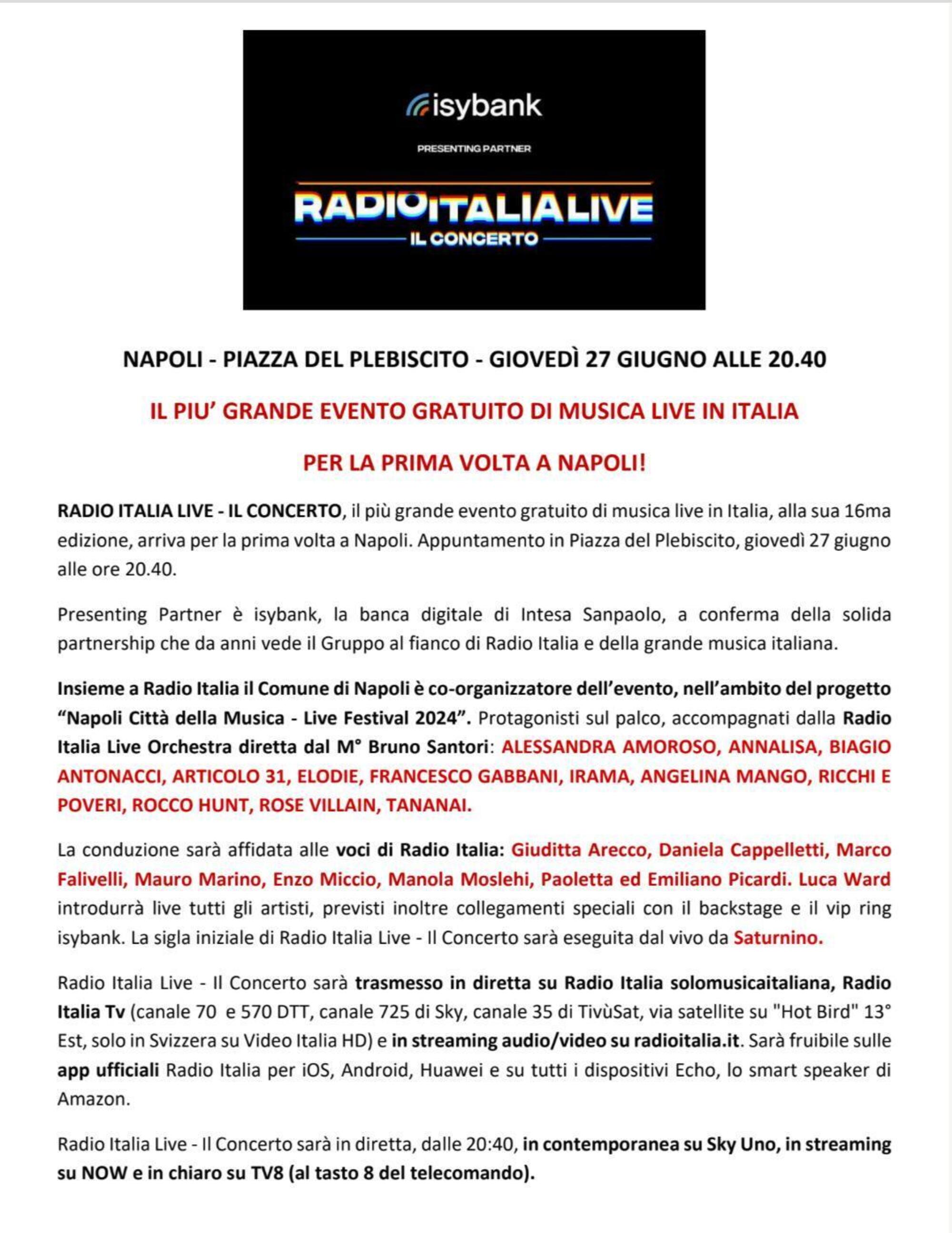Il comunicato stampa di Radio Italia