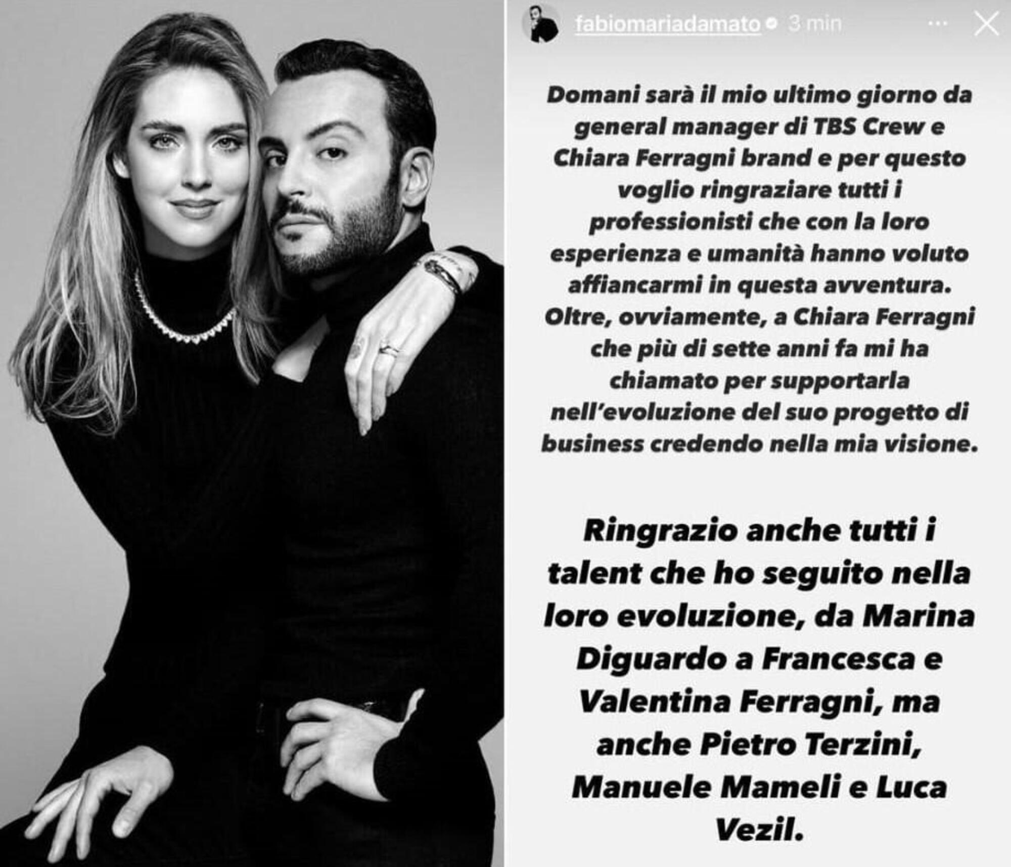 Chiara Ferragni con Fabio Maria Damato e una delle sue storie su Instagram