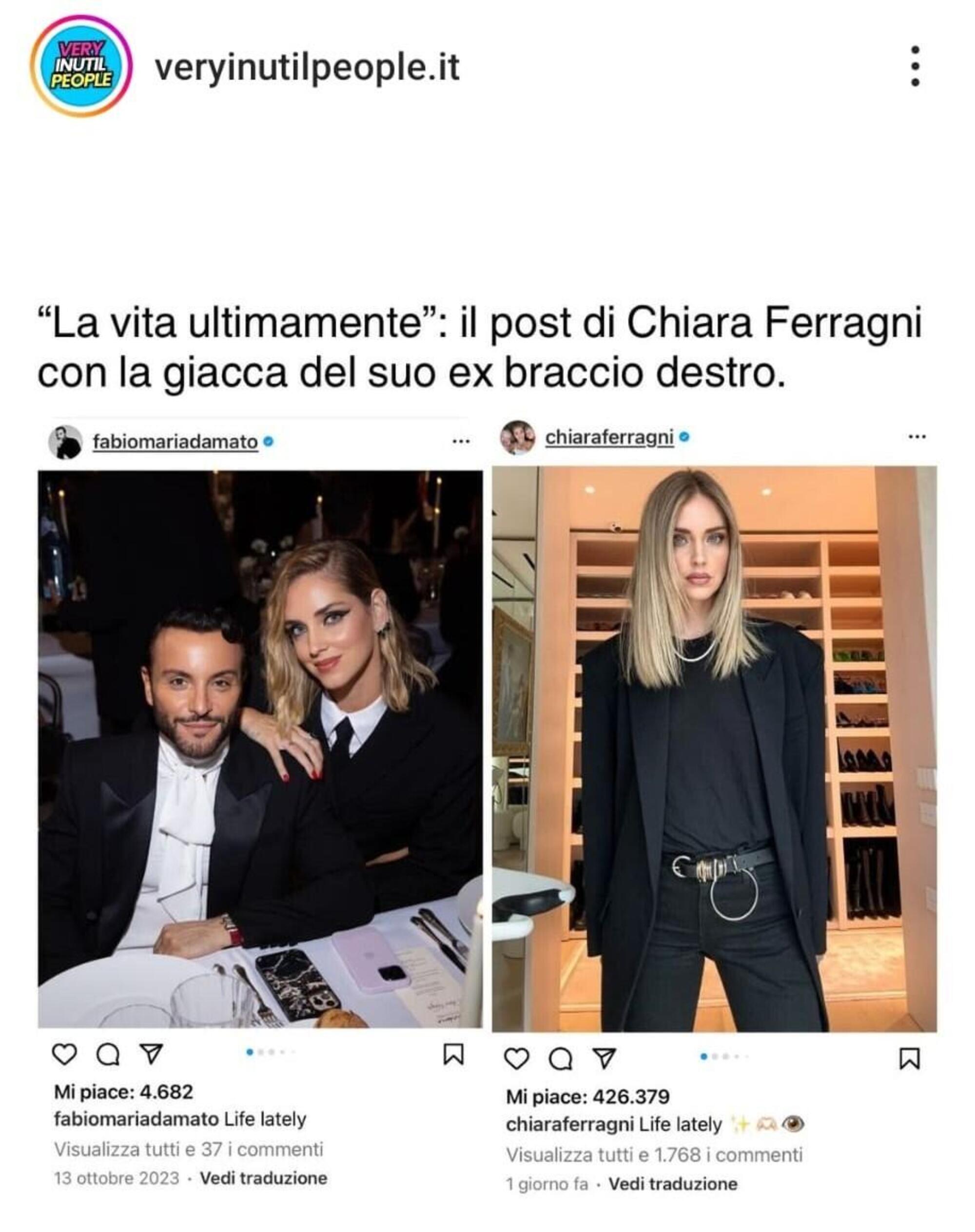 Le foto su Instagram di Fabio Maria Damato e Chiara Ferragni, con la stessa descrizione a distanza di tempo, a confronto sulla pagina @veryinutilpeople.it