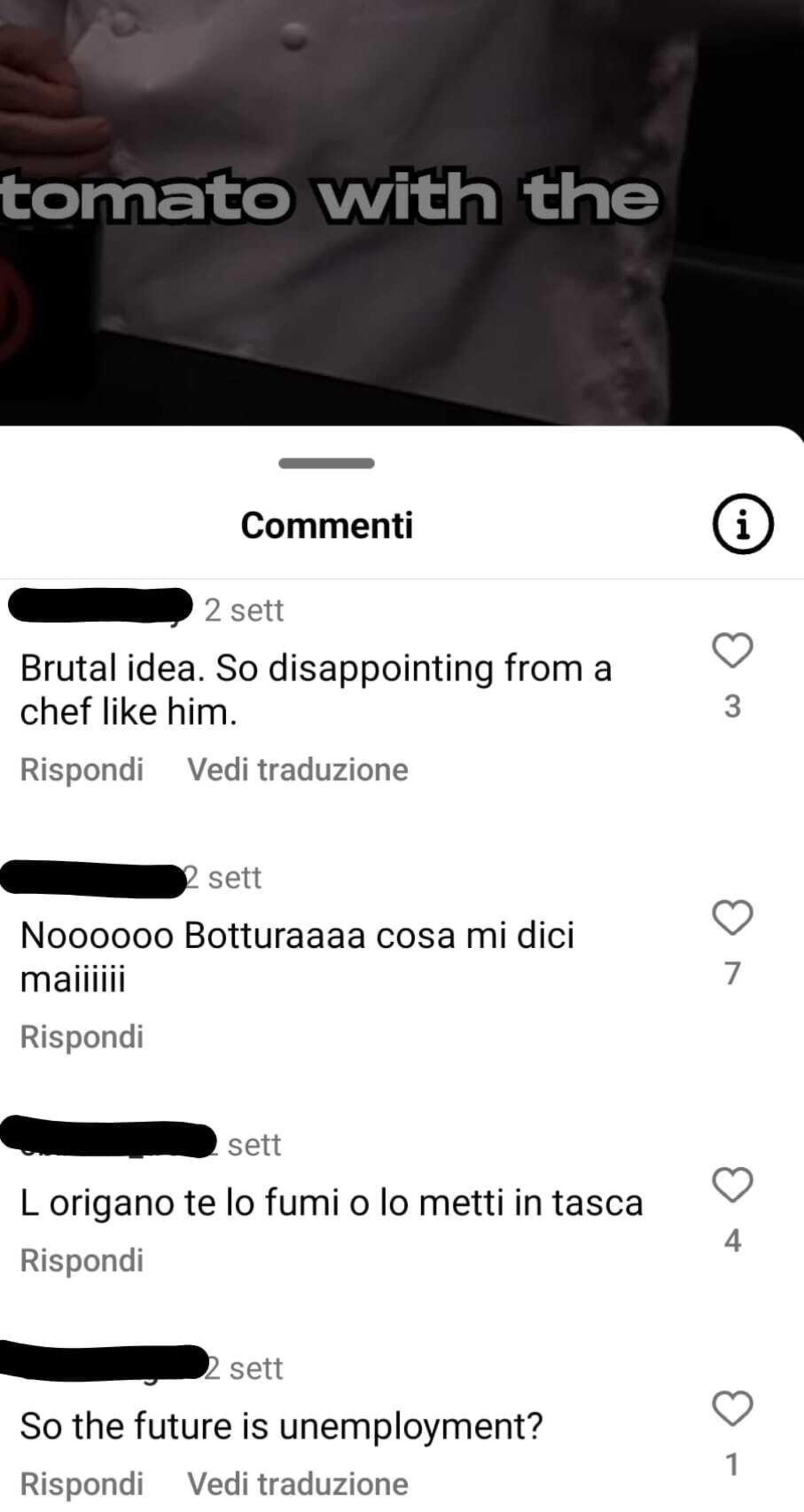 Alcuni dei commenti critici sotto al video di Massimo Bottura