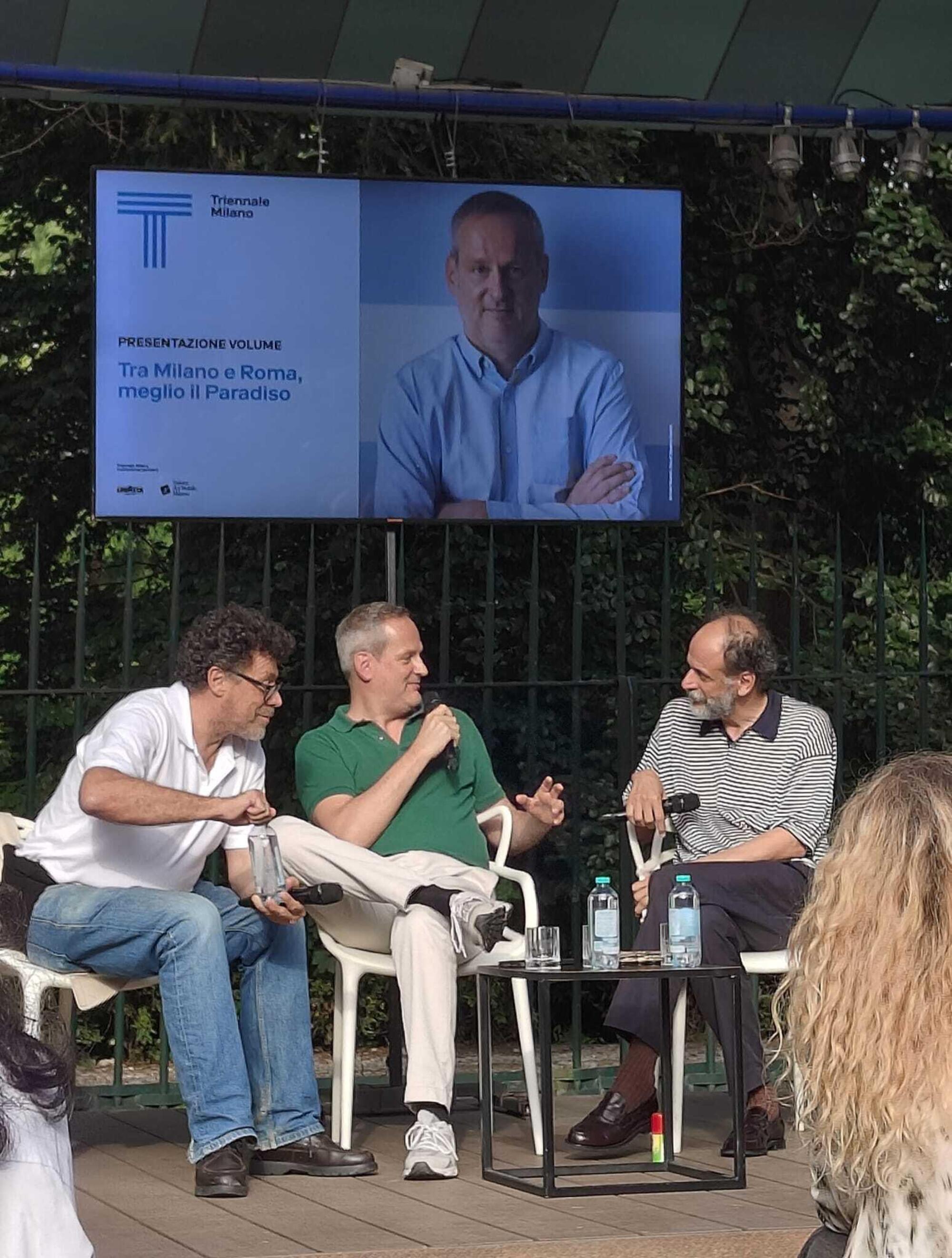 Michele Masneri durante le presentazione di &ldquo;Paradiso&rdquo; in Triennale, a Milano, insieme a Luca Guadagnino e Carlo Antonelli