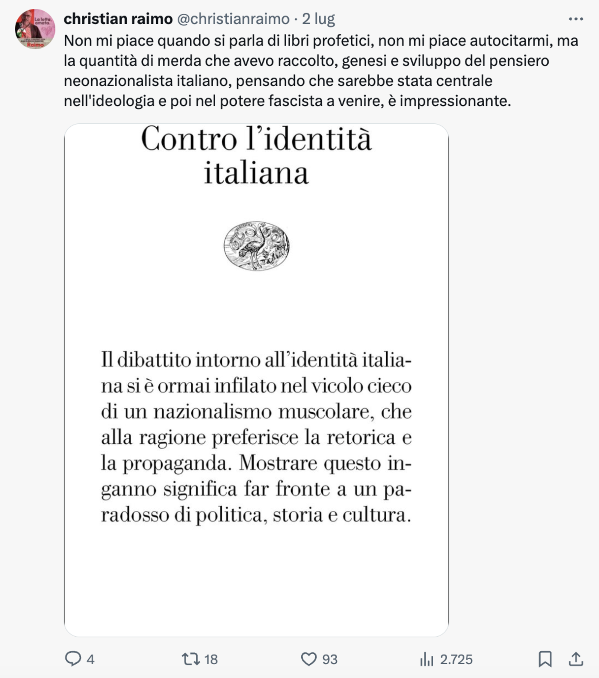 Il tweet di Christian Raimo in cui definisce il suo libro profetico