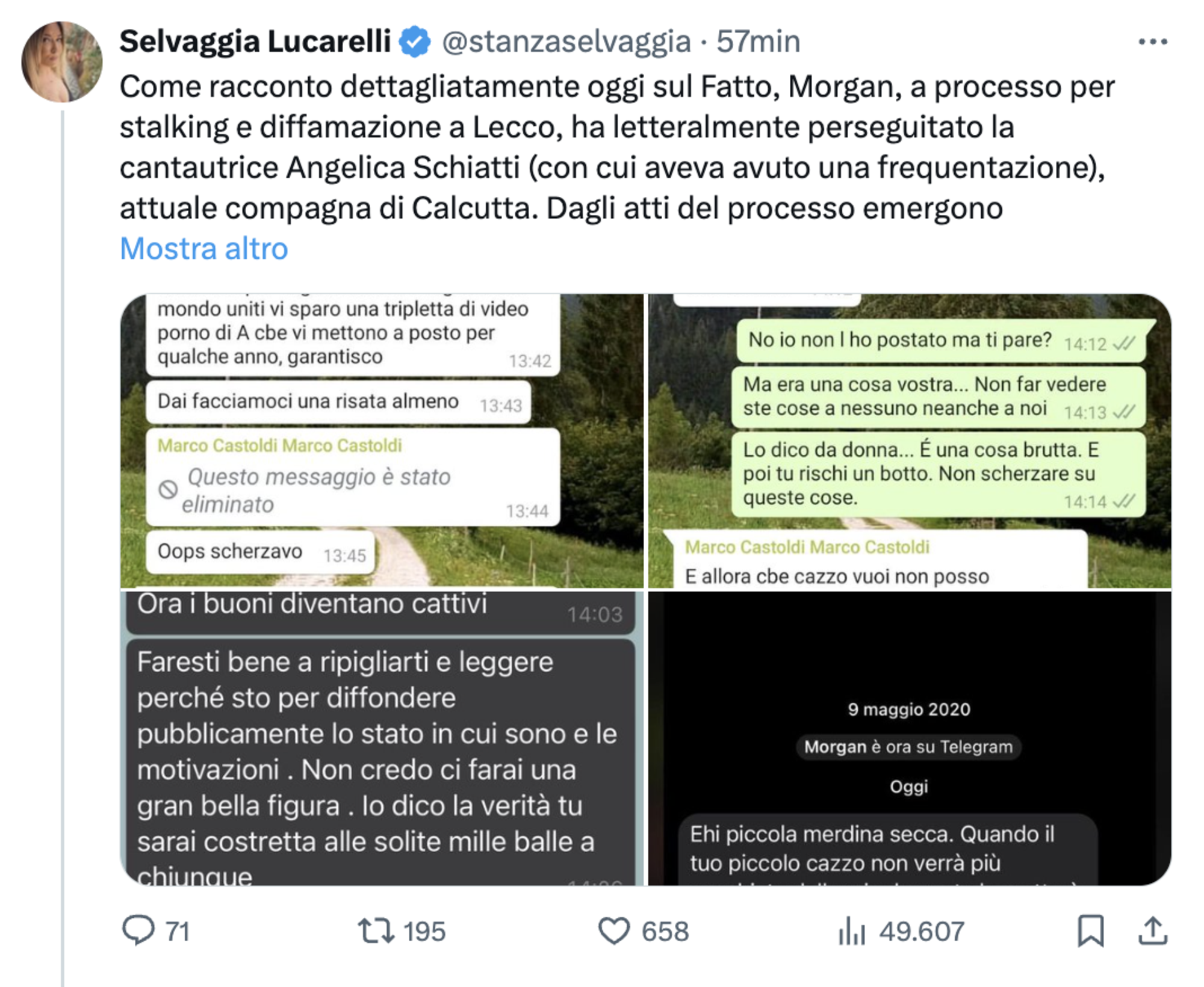 Il tweet di Selvaggia Lucarelli, che pubblica le chat del gruppo &quot;InArteMorgan&quot;