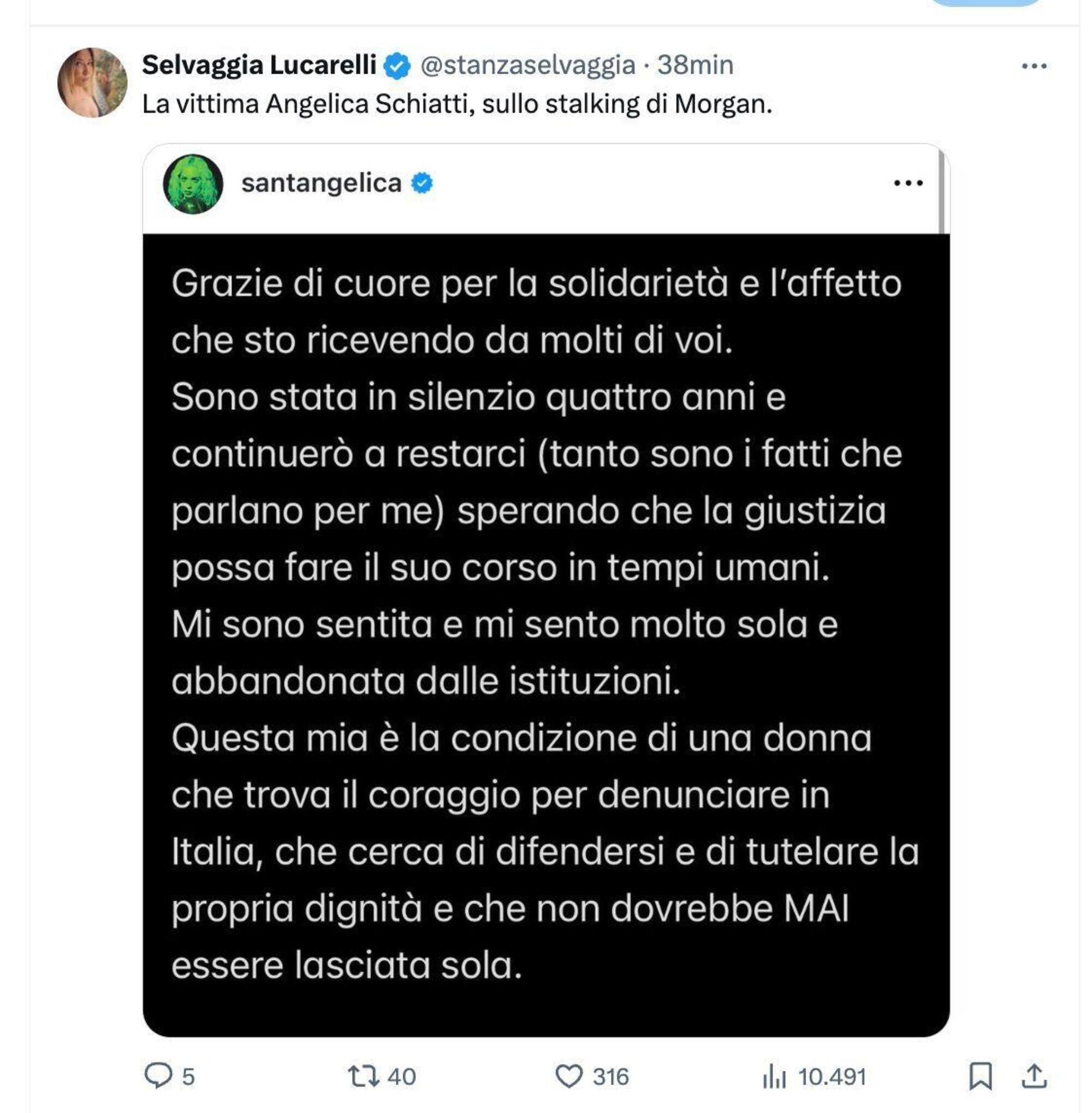 Il post di Angelica Schiatti rilanciato da Selvaggia Lucarleli