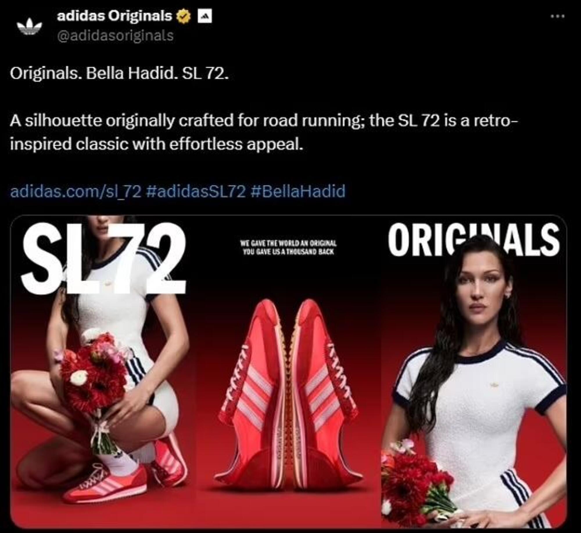 Un tweet promozionale di Adidas per lanciare la campagna con Bella Hadid e le sneakers