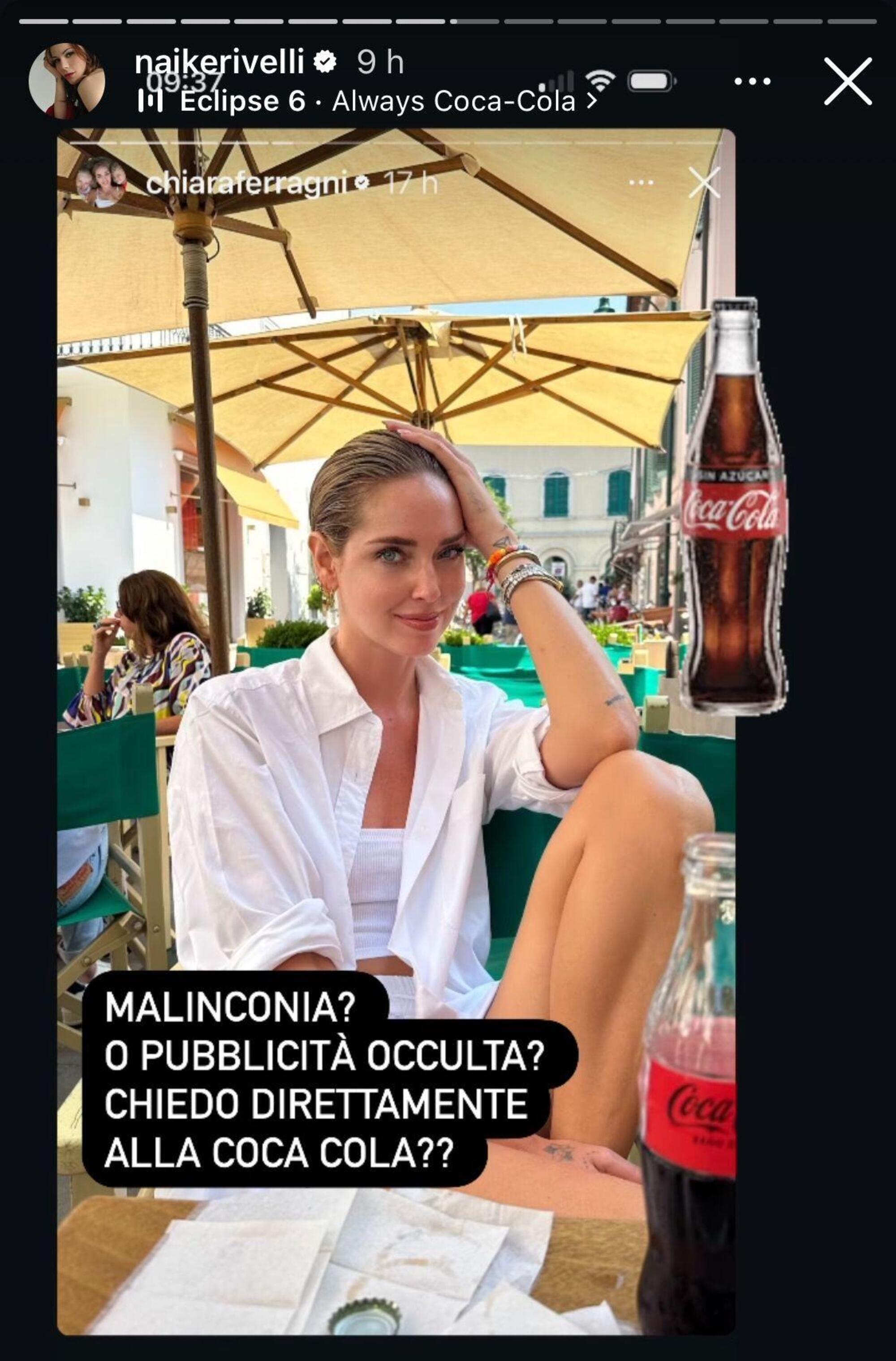 La storia con la bottiglia Coca Cola di Chiara Ferragni rilanciata con dubbio da Naike Rivelli