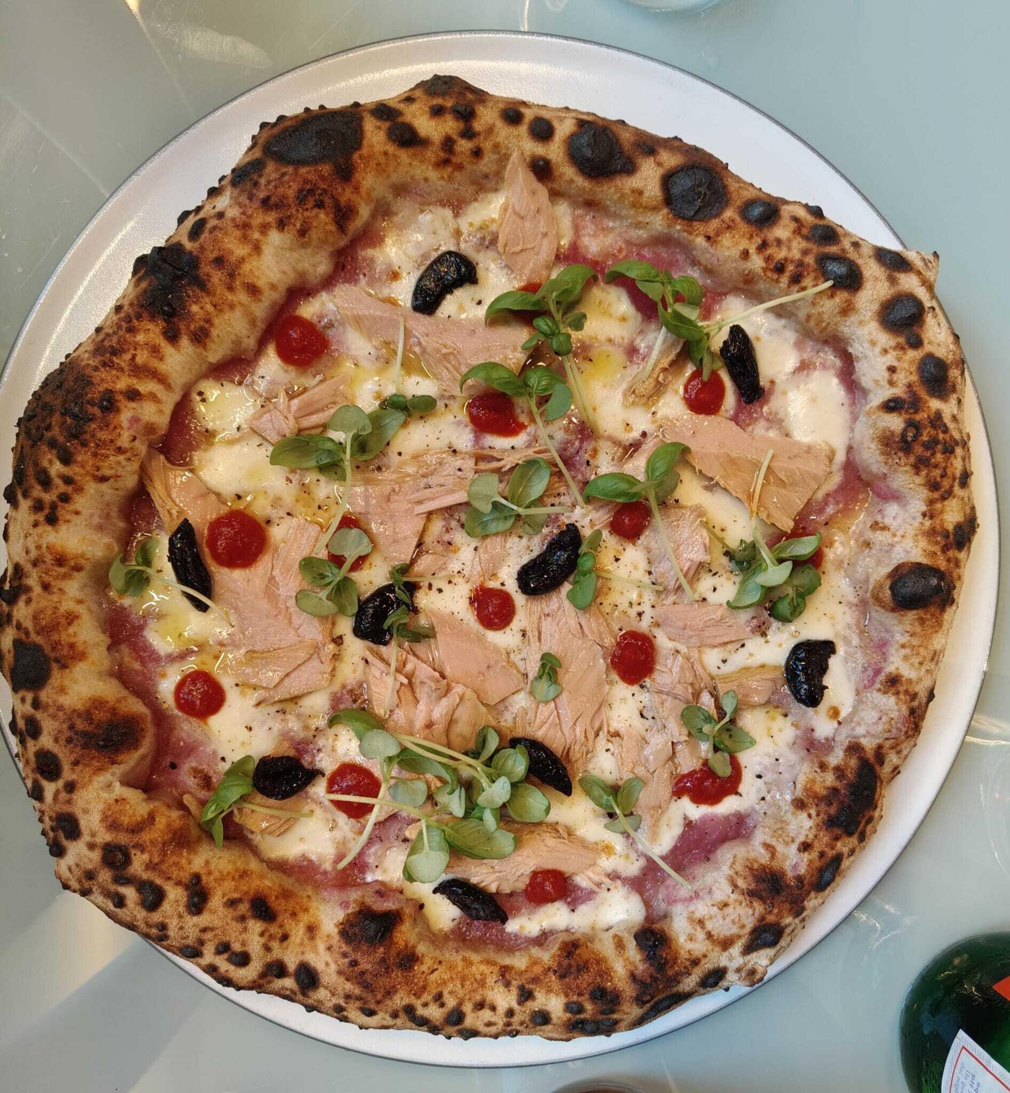 Pizza Zia Maria, a base di crema di cipolle di Tropea, fiordilatte, ventresca di tonno rosso, riduzione di pomodoro San Marzano DOP, olive nere, pepe nero, basilico e un goccio di olio evo