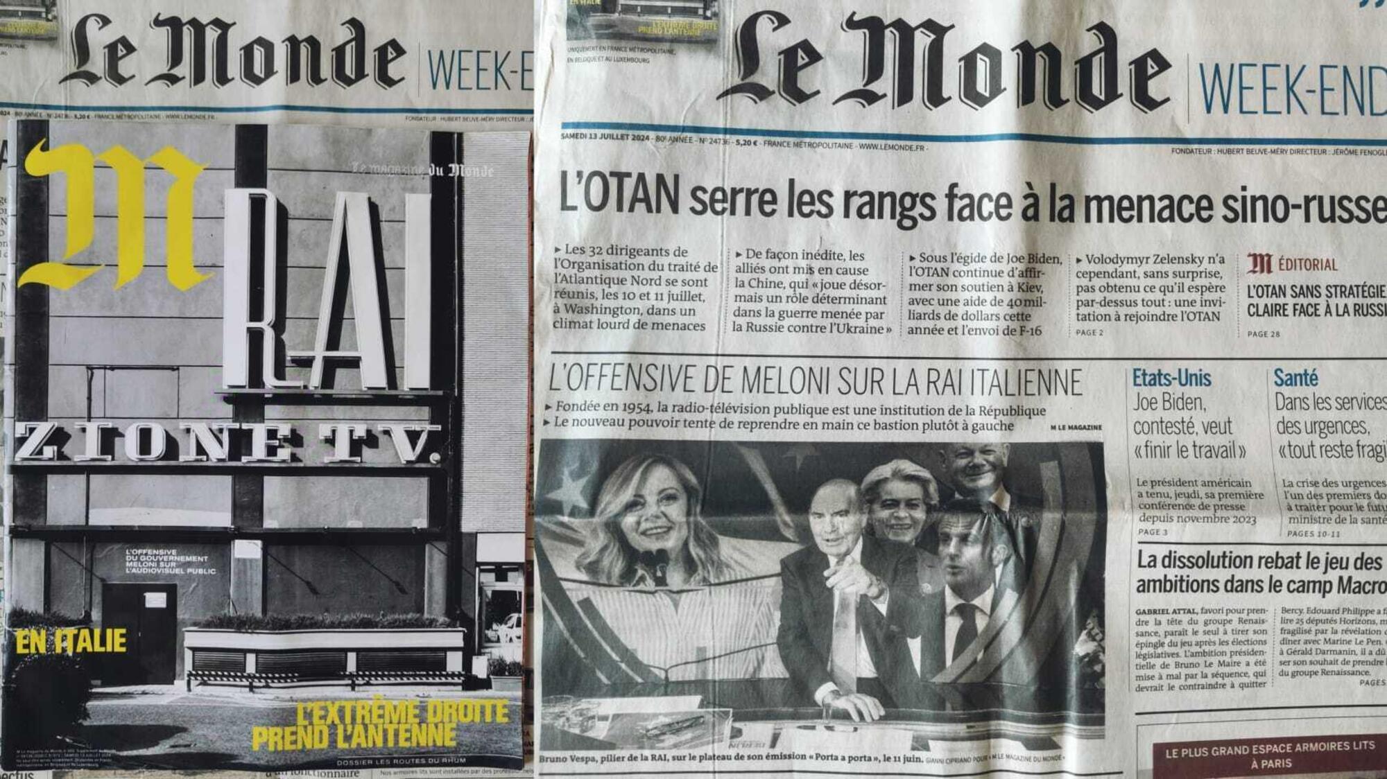 Le prime pagine del quotidiano francese Le Monde (e la sua rivista) dedicati alla Rai e a Giorgia Meloni