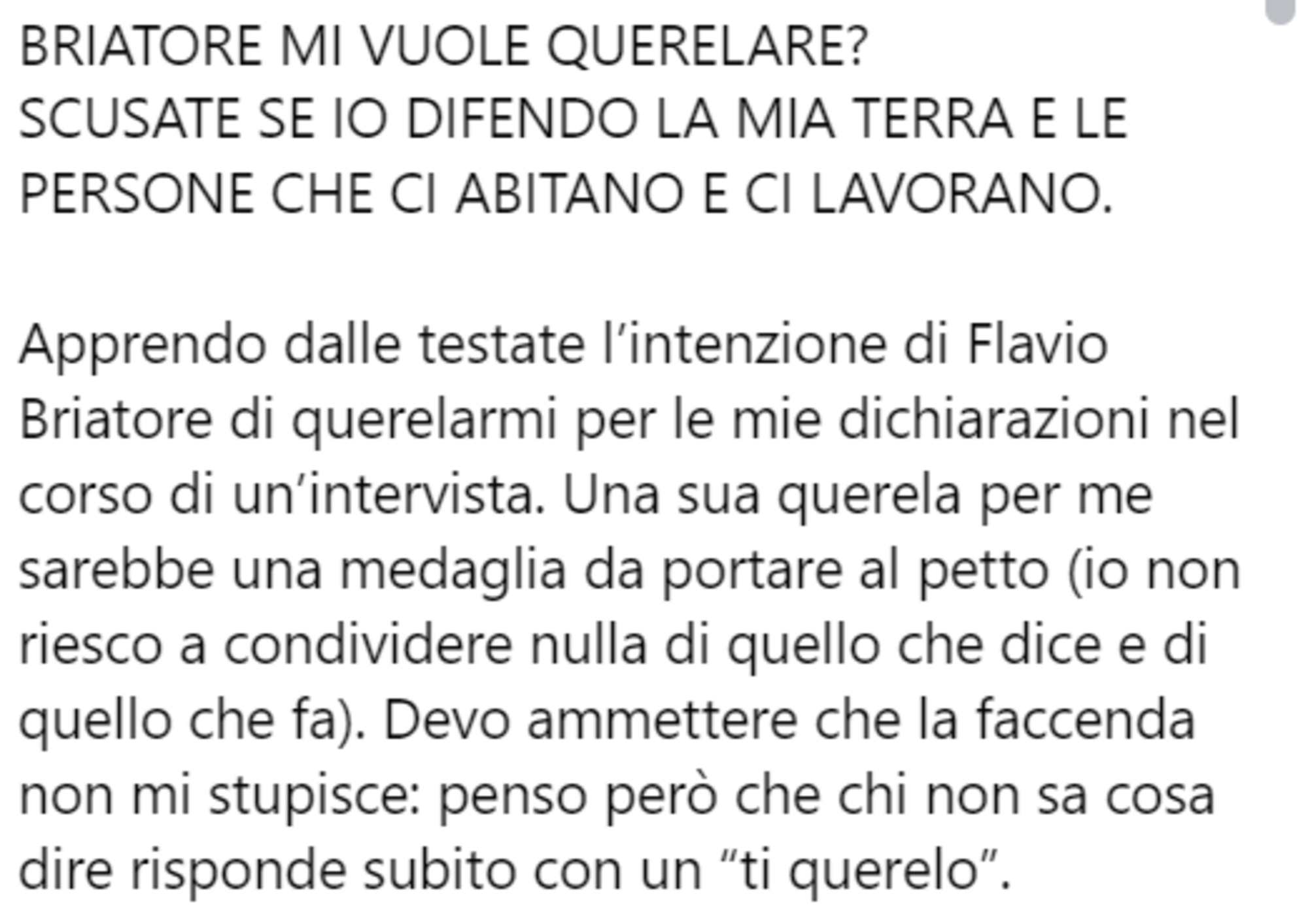 Parte della lunga risposta di Minerva su Facebook