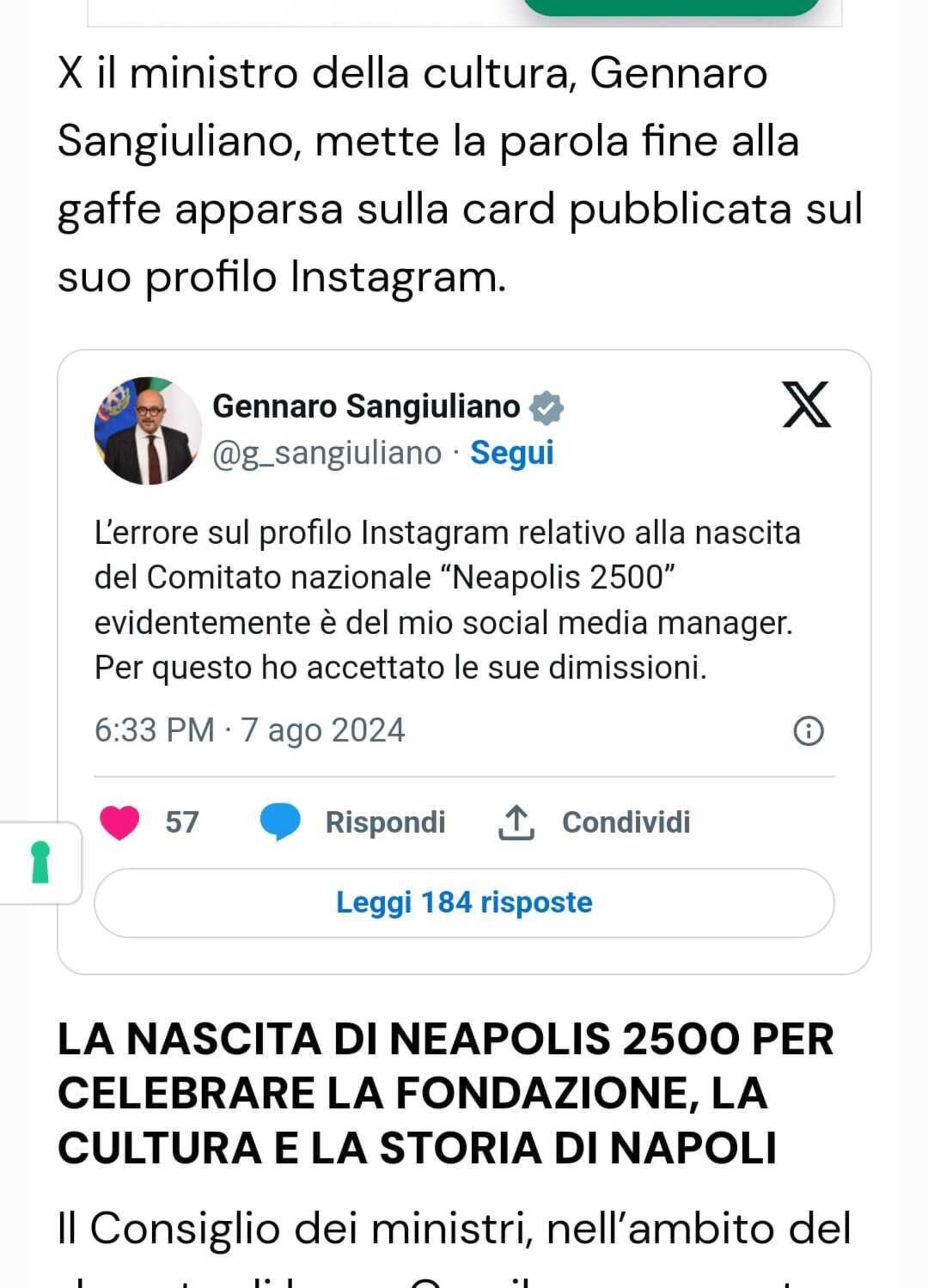 Il tweet di Sangiuliano sulle dimissioni