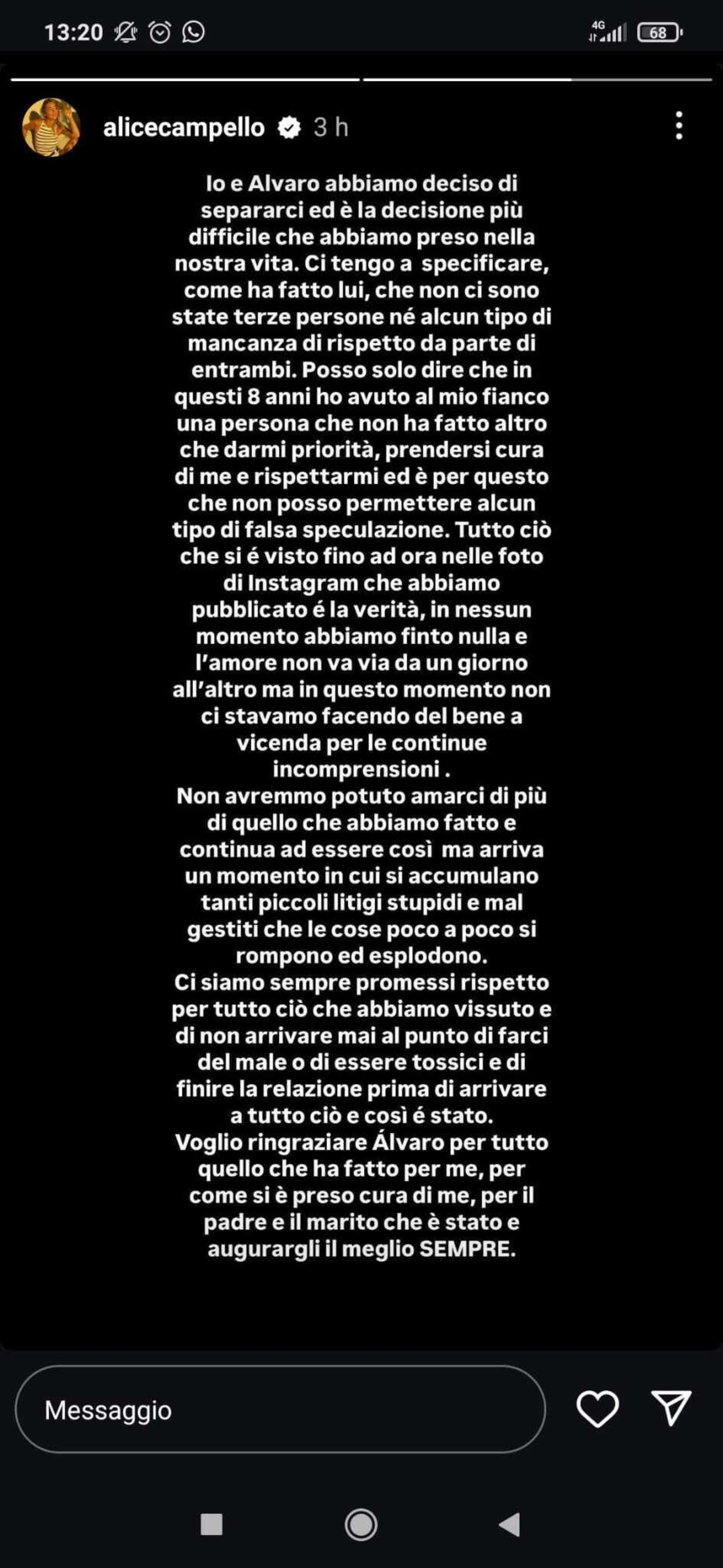 Il messaggio di Alice Campello in cui parla della verit&agrave; delle foto su Instagram (ma anche del fatto che un amore non finisce in pochi giorni)